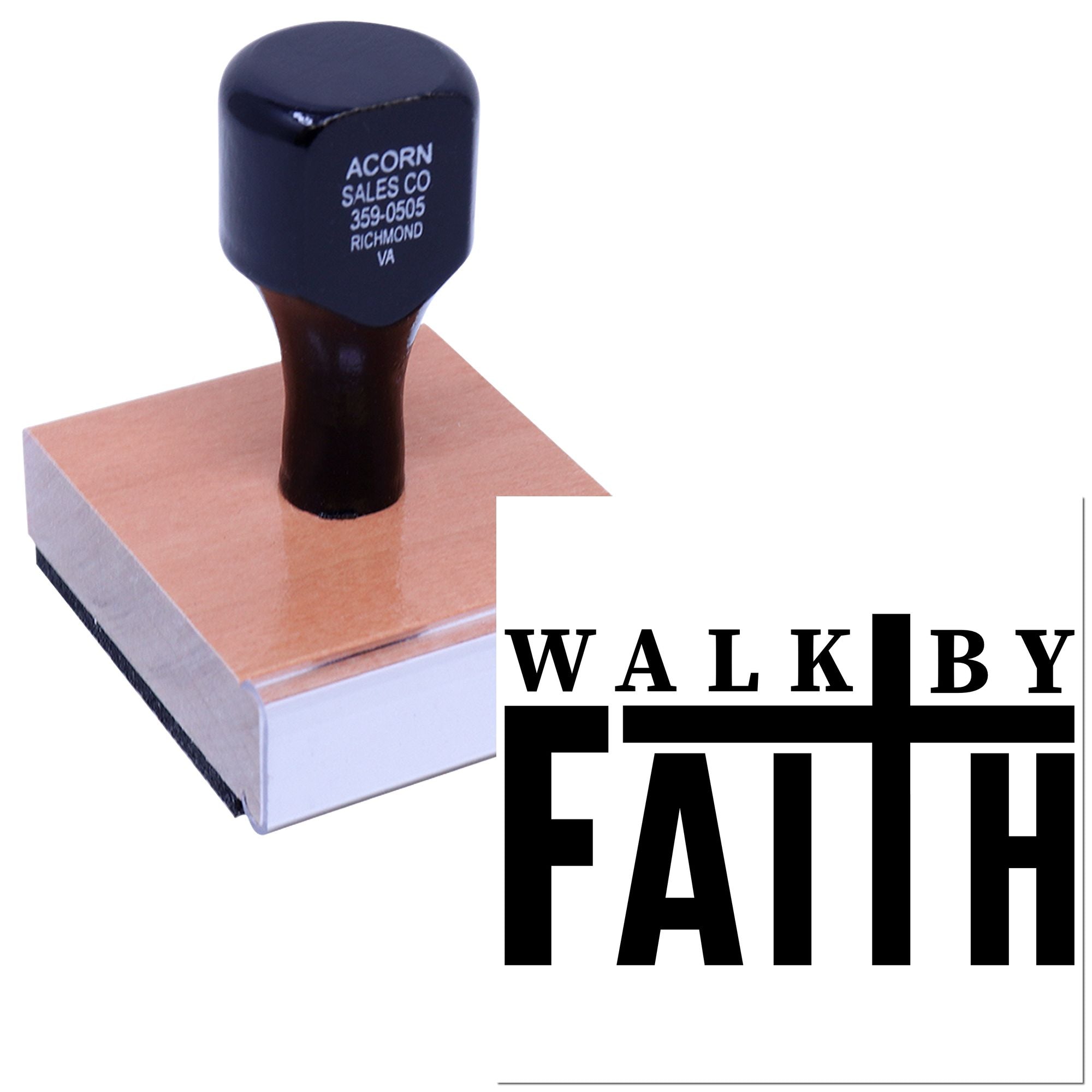 Walk by Faith custom rubber stamp with wood handle for church branding, ministry materials, and faith-based stationery.
