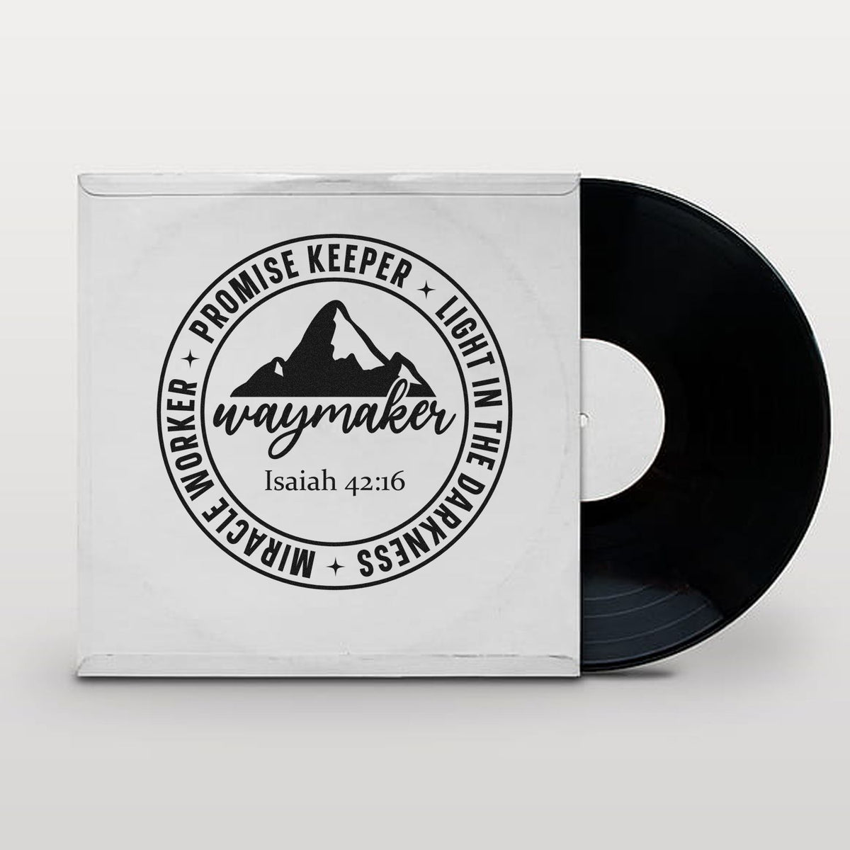 Christian rubber stamp design featuring Waymaker, Promise Keeper, Miracle Worker, Light in the Darkness, and Isaiah 42:16.