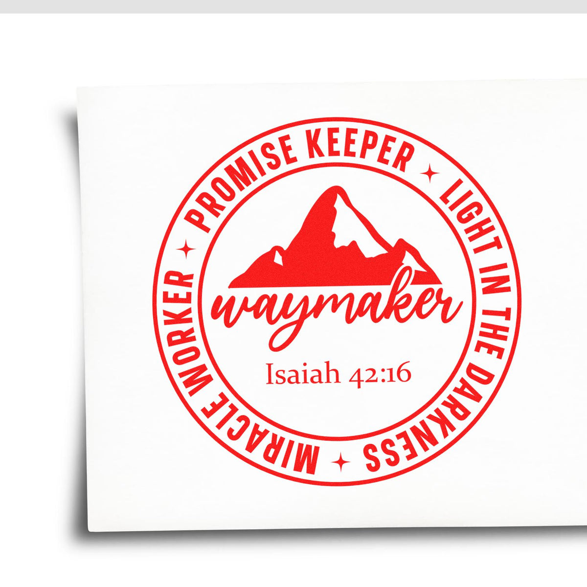 Christian rubber stamp design with mountain logo and Isaiah 42:16 text: Promise Keeper, Light in the Darkness, Miracle Worker, Waymaker.