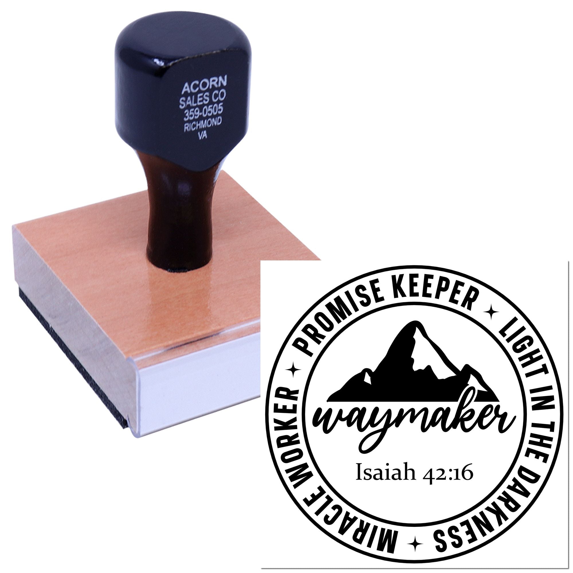 Faith-based custom rubber stamp design with Isaiah 42:16, Promise Keeper, Waymaker, and Light in the Darkness.