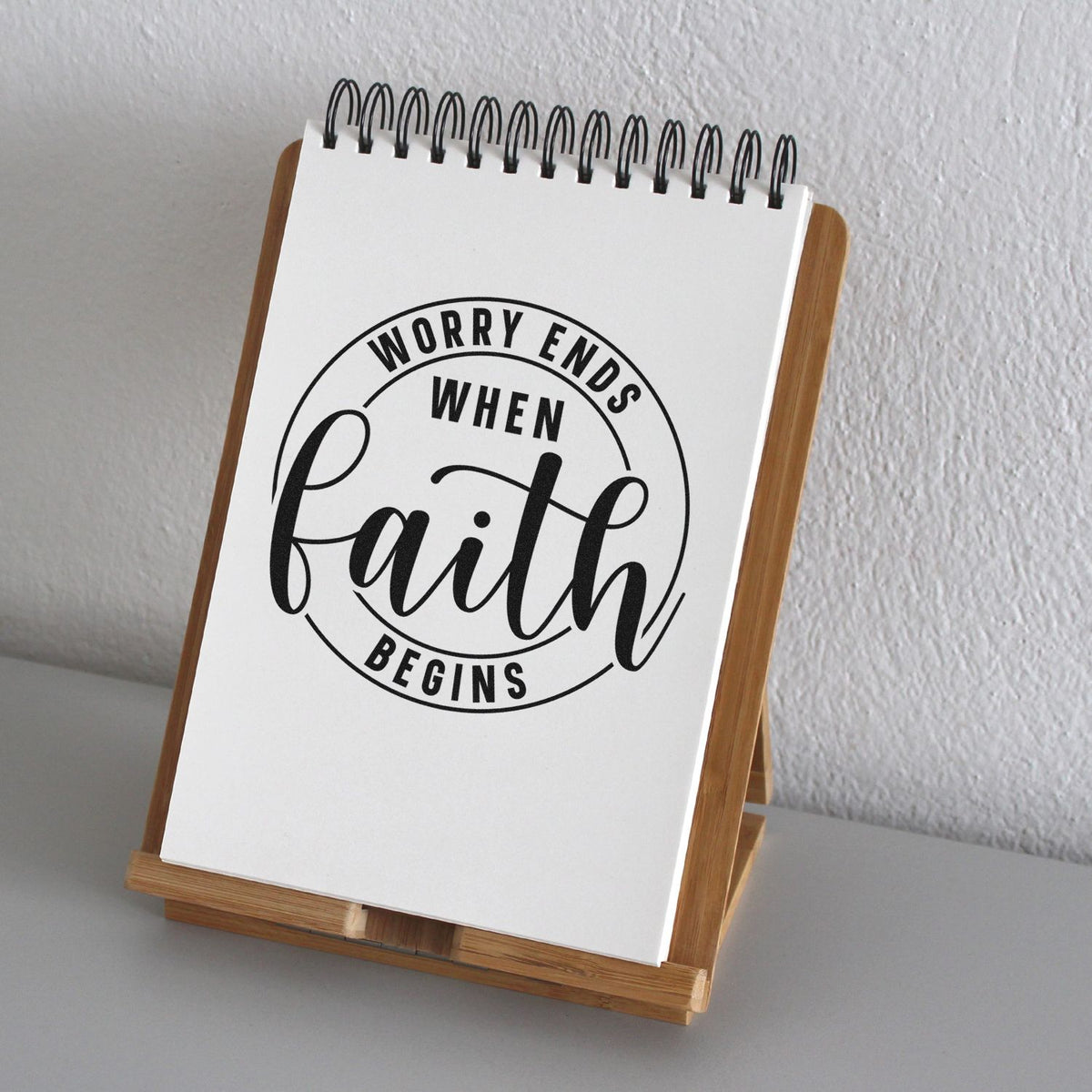 Inspirational faith rubber stamp design reading Worry ends when faith begins for journals, crafts, and paper projects.