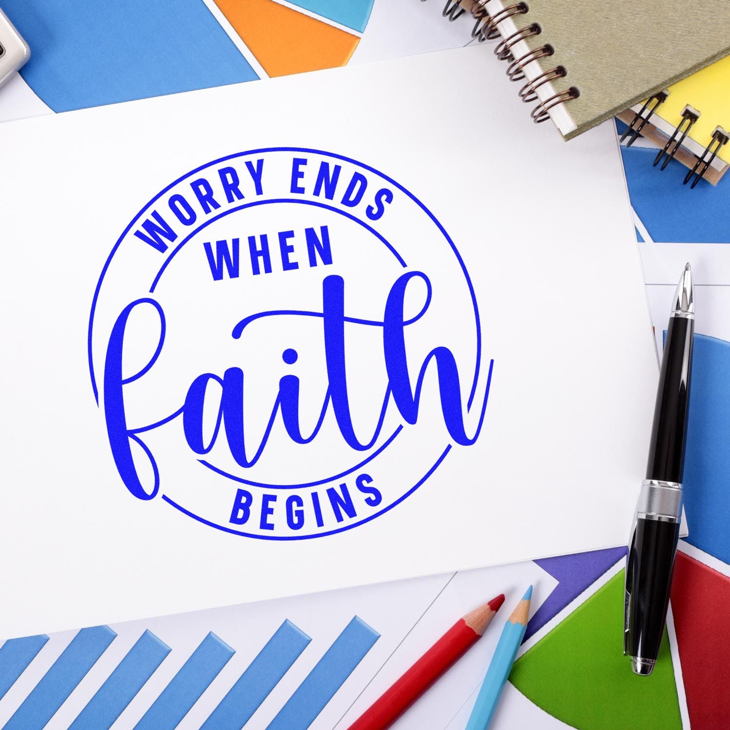 Blue inspirational rubber stamp design reading When faith begins worry ends for faith-based crafting and stationery.
