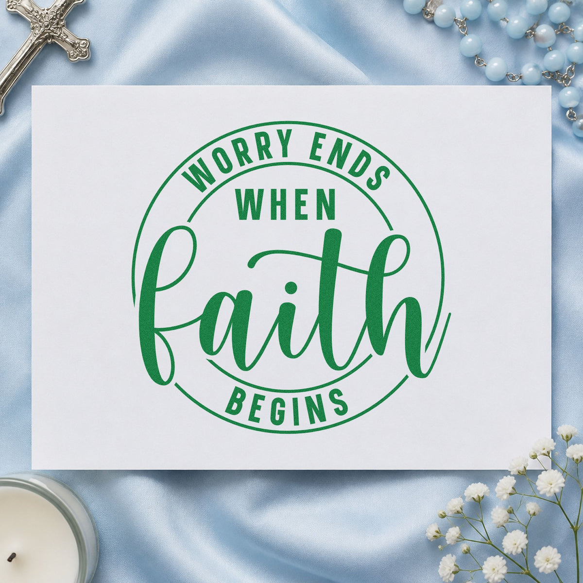 PSI Pre-Inked Worry Ends When Faith Begins Circular Layout Stamp in use 3