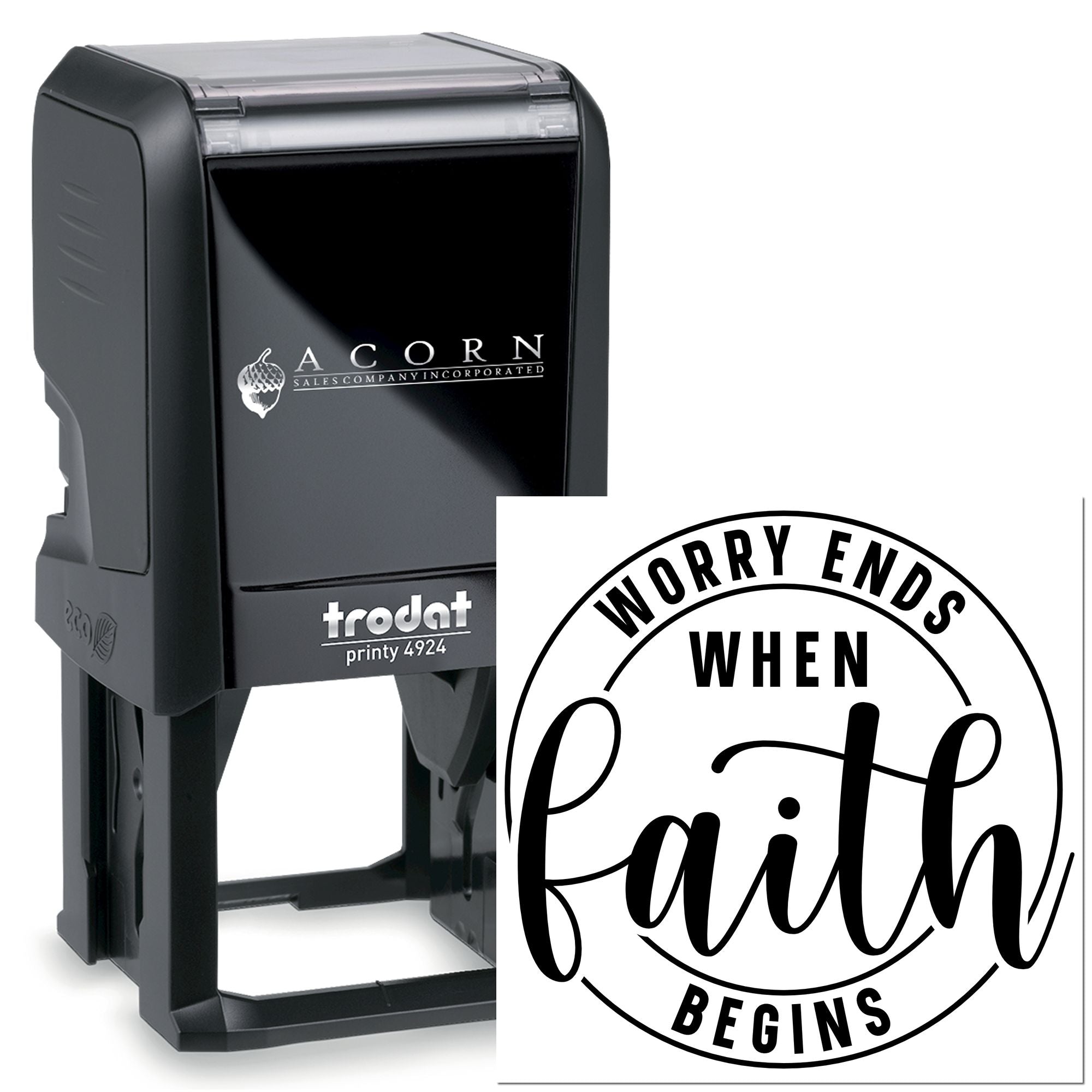 Self-inking Trodat Printy 4924 rubber stamp with custom Worry Ends When Faith Begins faith quote design