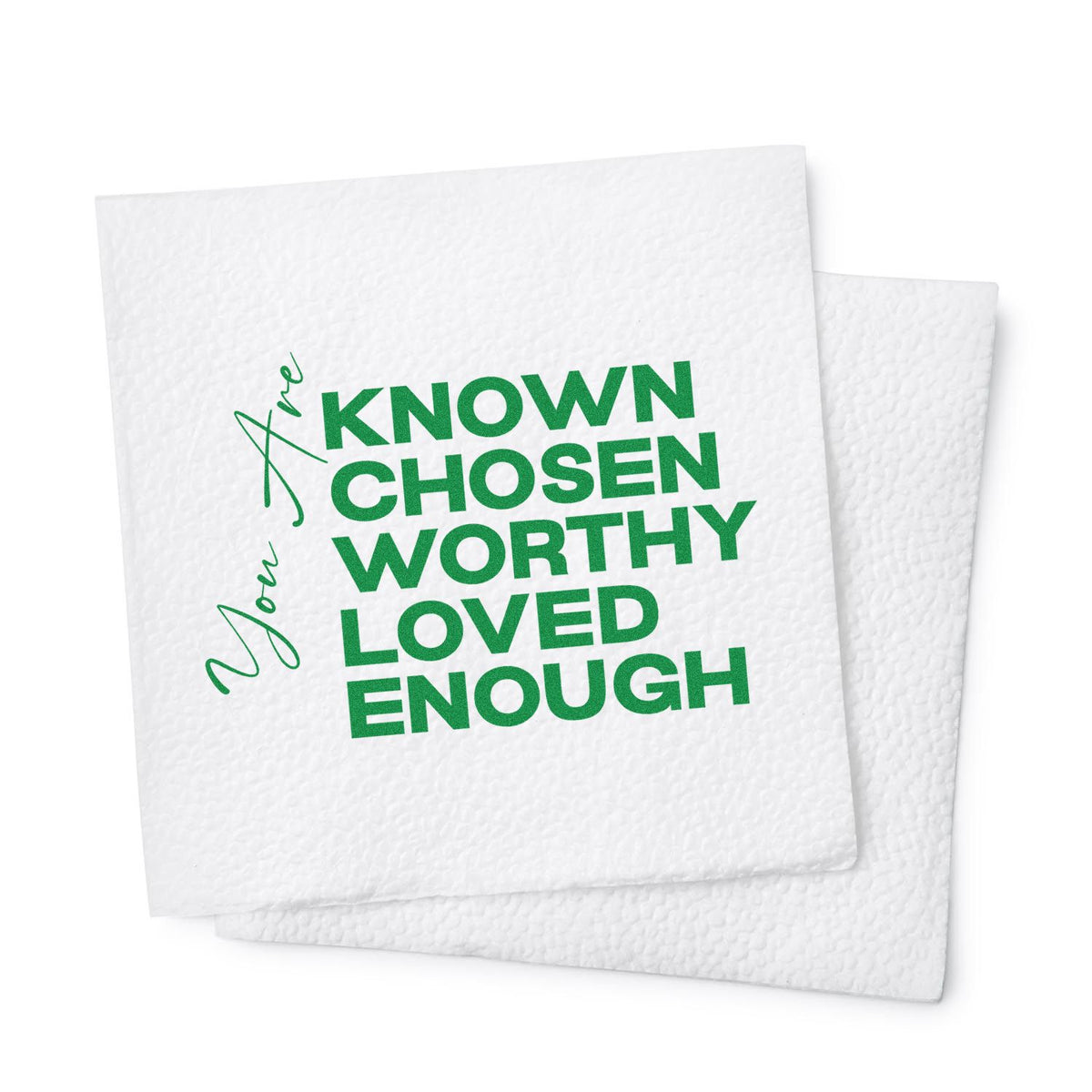 Christian rubber stamp with affirmation message, You are known, chosen, worthy, loved, enough, for encouragement and faith-based crafts