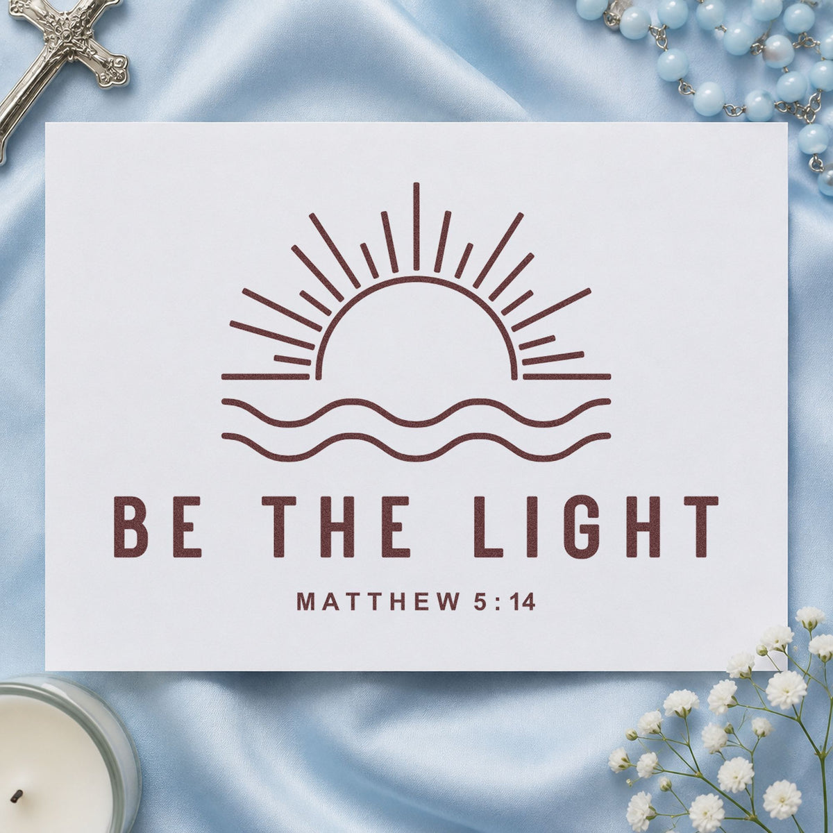 Be the Light Sunrise rubber stamp printed in brown ink, ready for scrapbook beach pages and similar paper crafts.