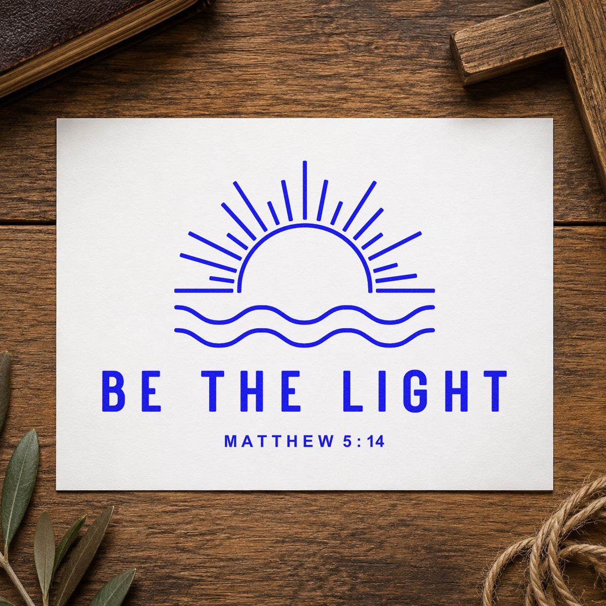 Be the Light Sunrise craft stamp in blue ink on cardstock, an easy option for candle gift tags.