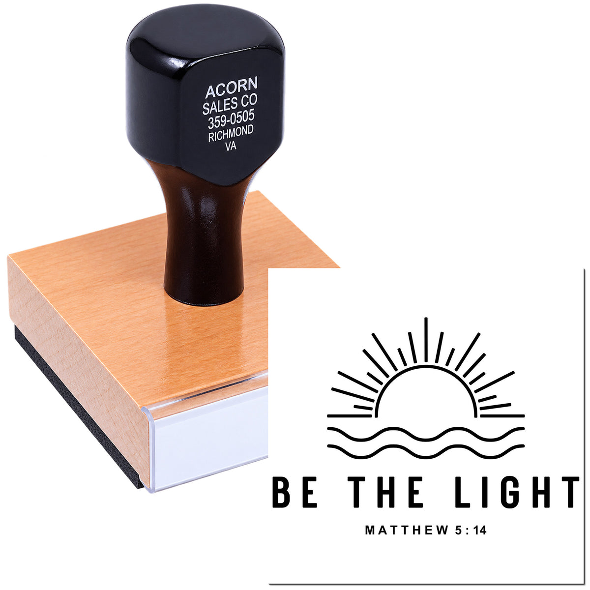 Custom rubber stamp with Be the Light Matthew 5:14 Christian logo for faith-based branding and church projects.
