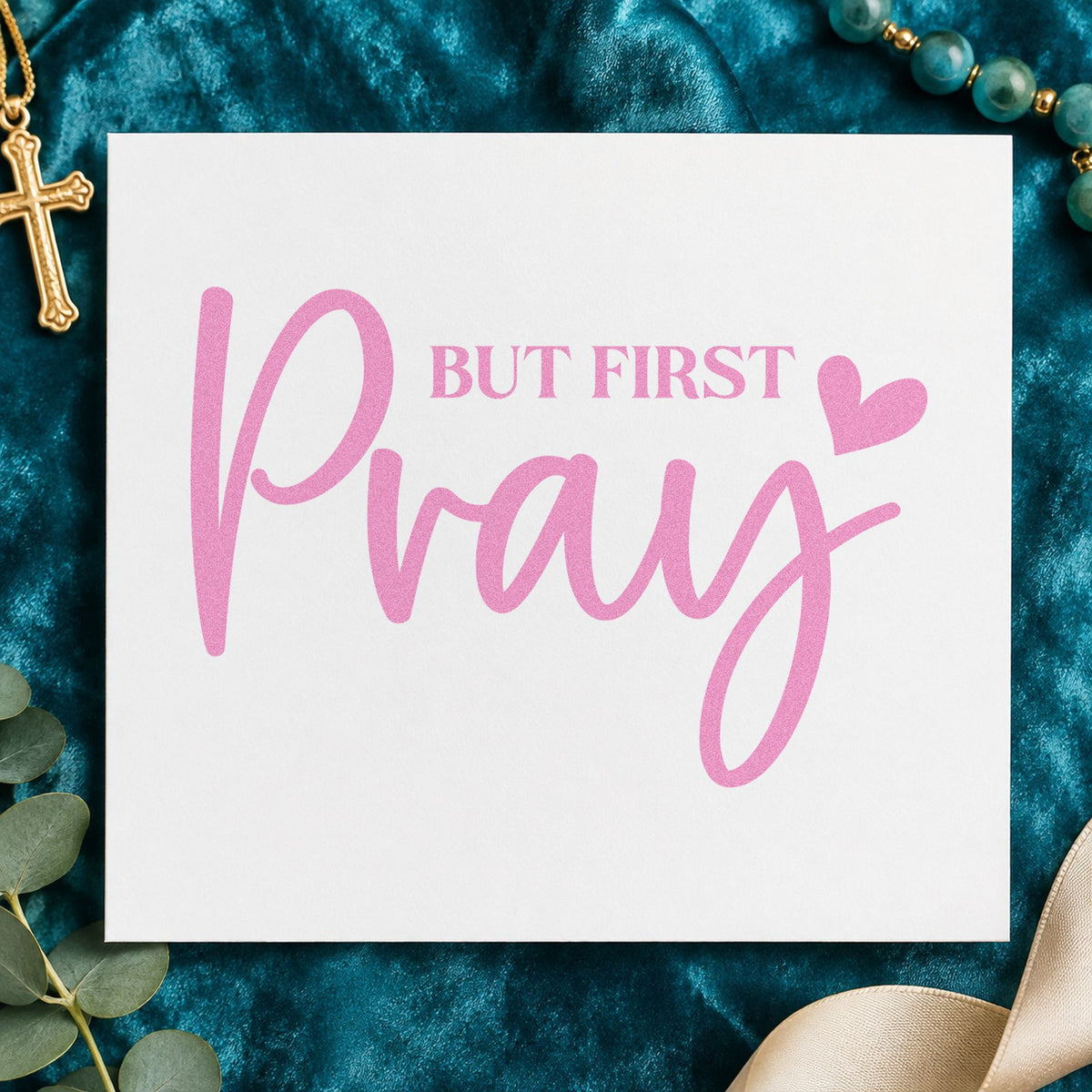 But First Pray craft stamp in purple ink on cardstock, an easy option for coffee gift tags.