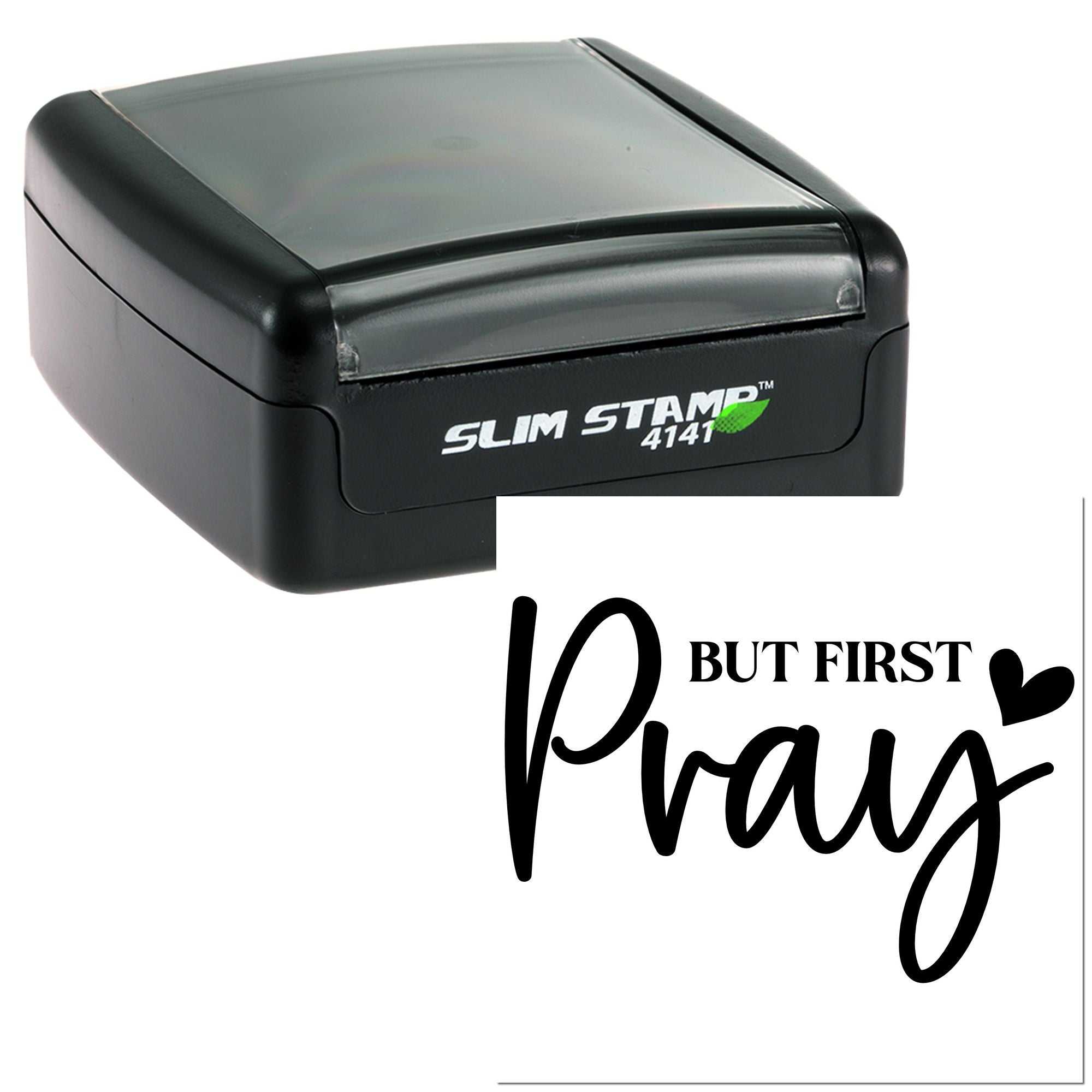 Self-inking rubber stamp with But First Pray design, Slim Stamp 4141, ideal for faith-based crafting and custom stamping.