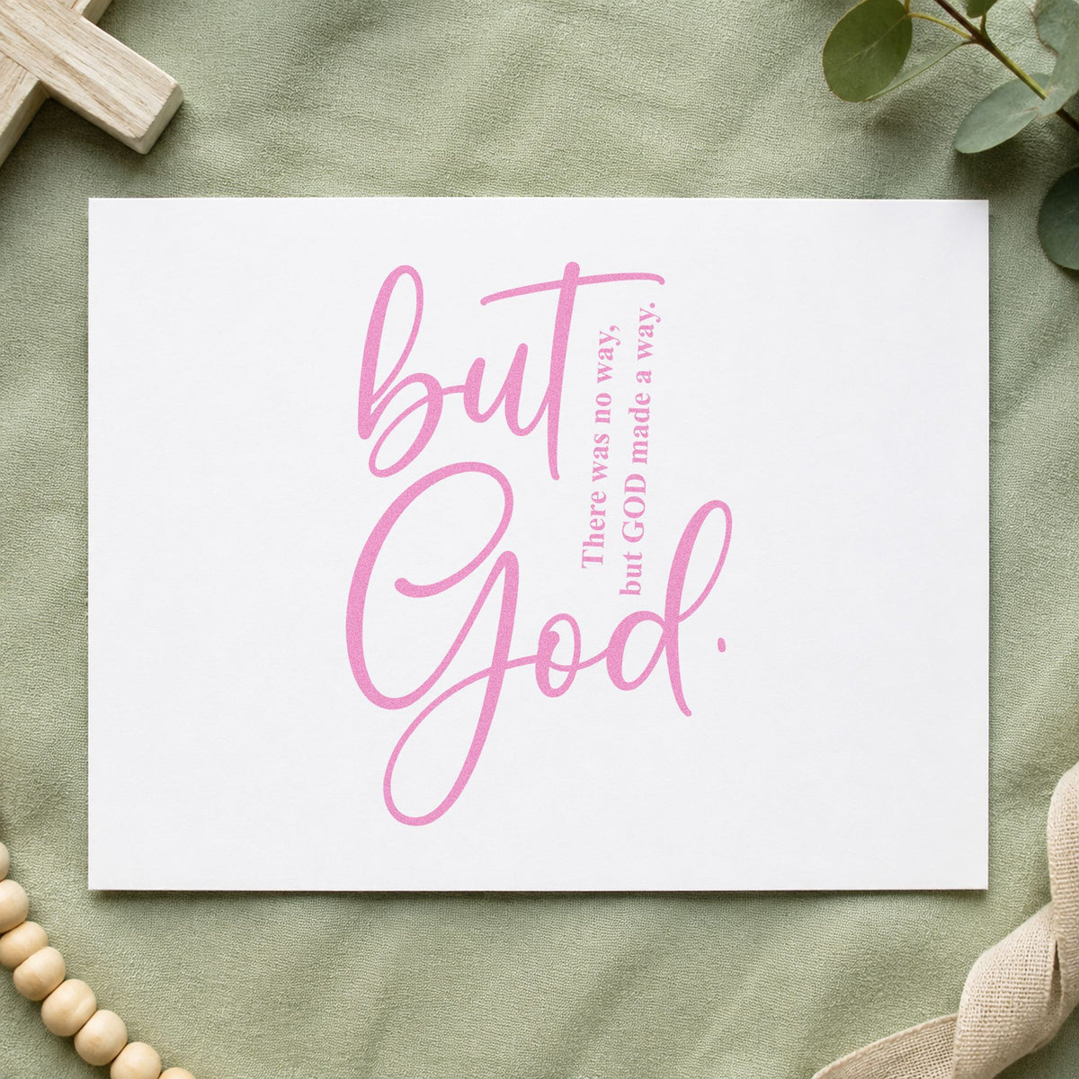 But God Script craft stamp in purple ink on cardstock, an easy option for wedding program covers.