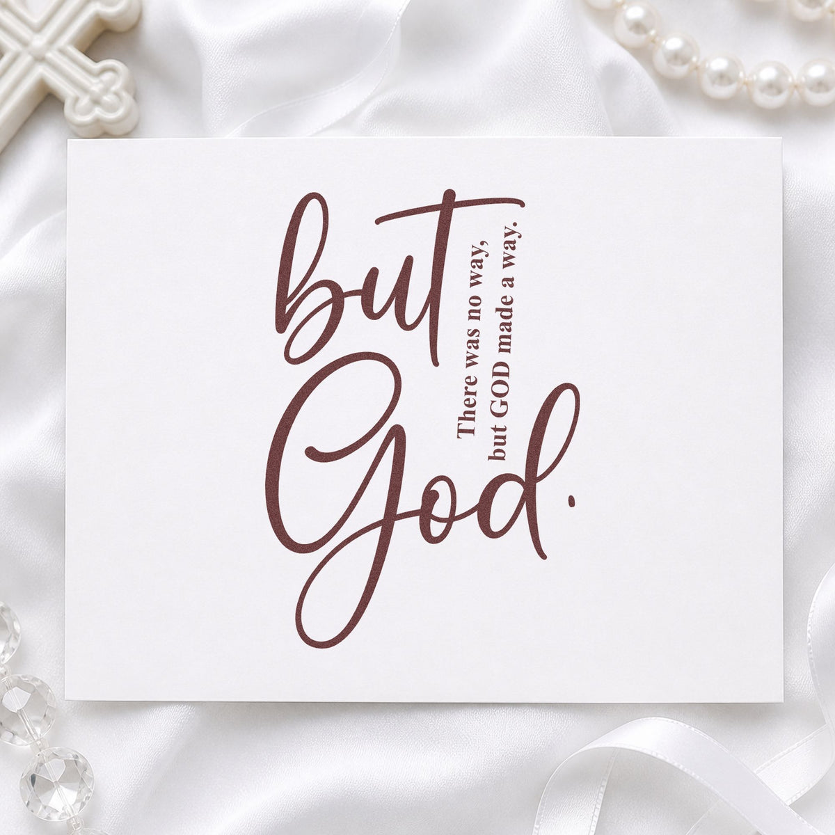 But God Script rubber stamp printed in brown ink, ready for scrapbook journey pages and similar paper crafts.