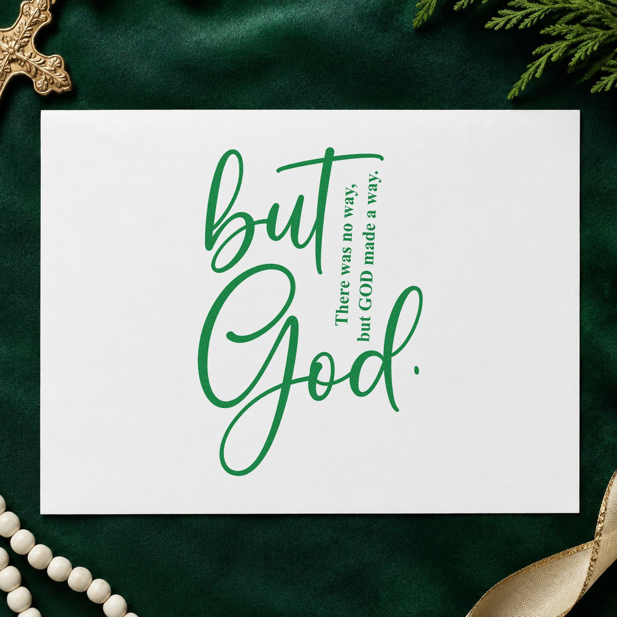 But God Script craft stamp imprint in green ink on a handmade project, one idea being celebration gift bags.