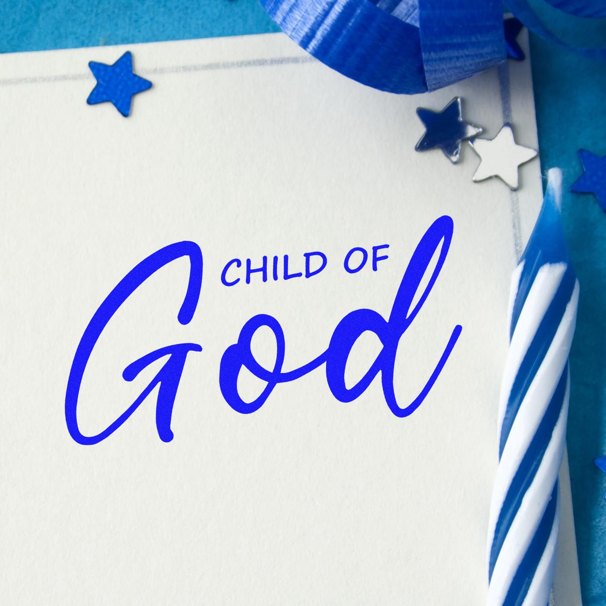 Child of God Script rubber stamp shown in blue ink, stamped for projects such as baptism invitations.