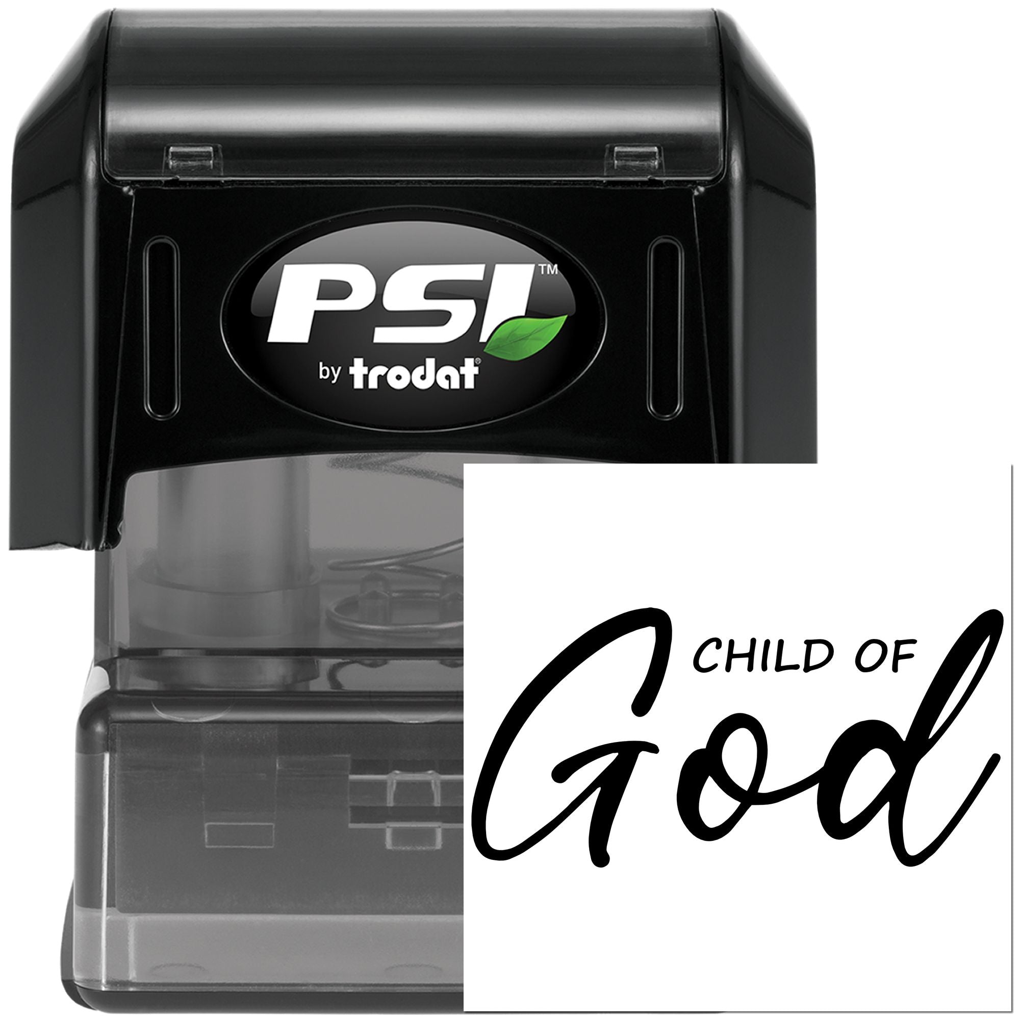 Trodat PSI self-inking rubber stamp with custom Child of God imprint for religious labeling and craft projects.