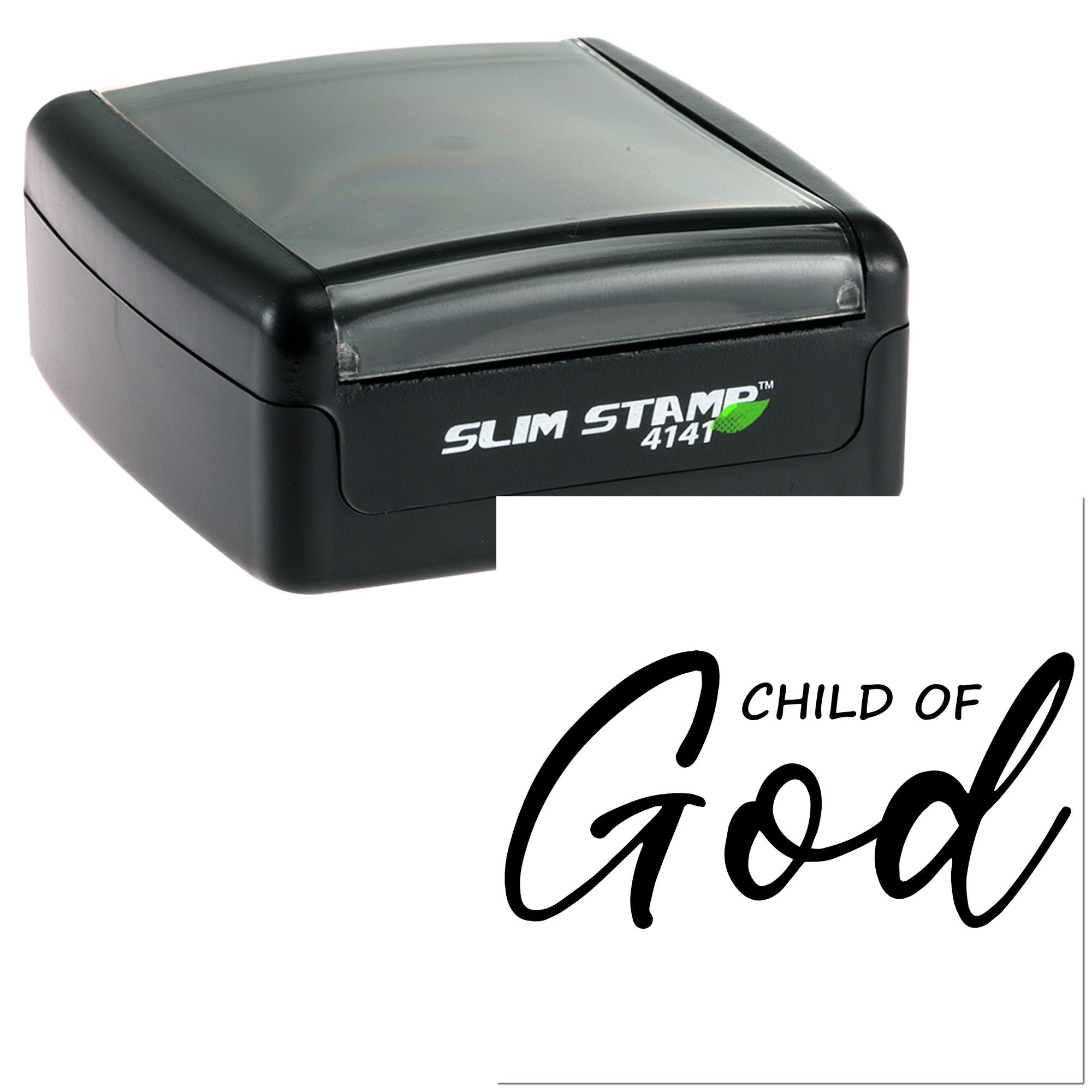 Self-inking rubber stamp with Child of God custom imprint for faith-based stationery, crafts, and labeling.