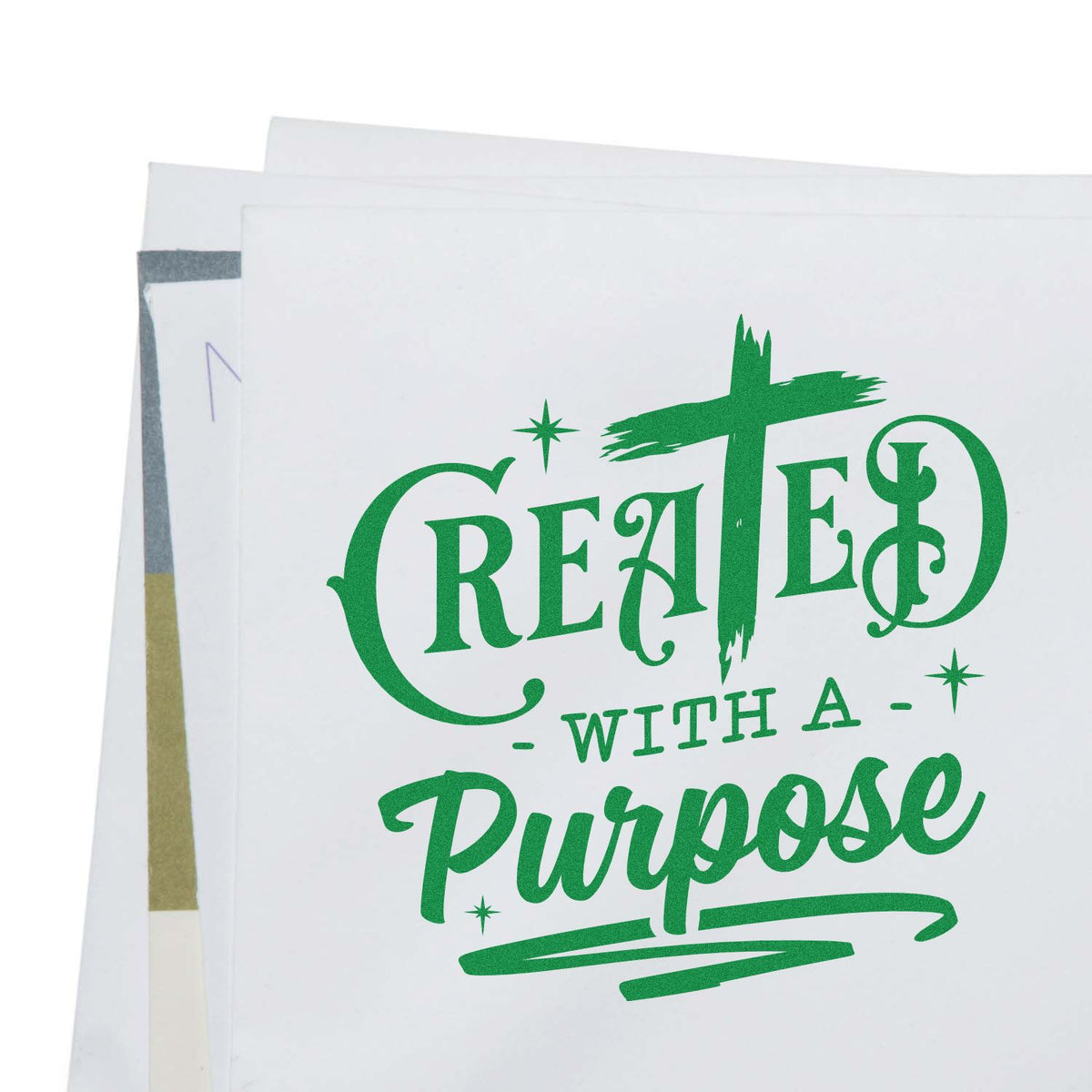 Green Created with a Purpose rubber stamp impression on white paper, ideal for custom craft branding and inspirational packaging.
