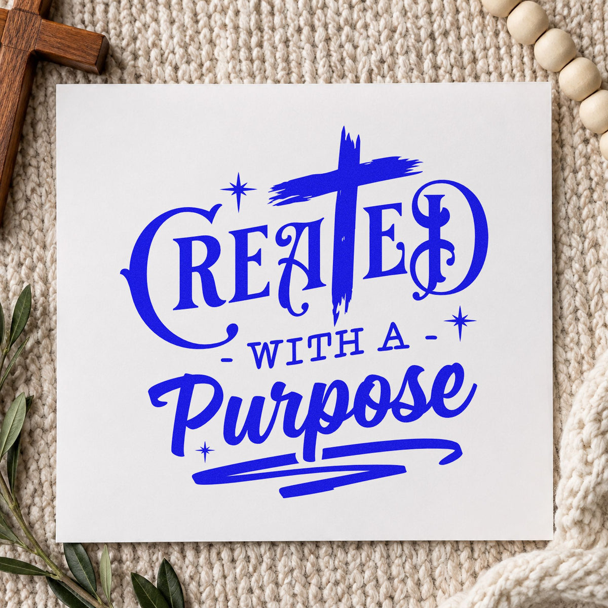 Created with a Purpose Cross craft stamp in blue ink on cardstock, an easy option for youth camp tees.