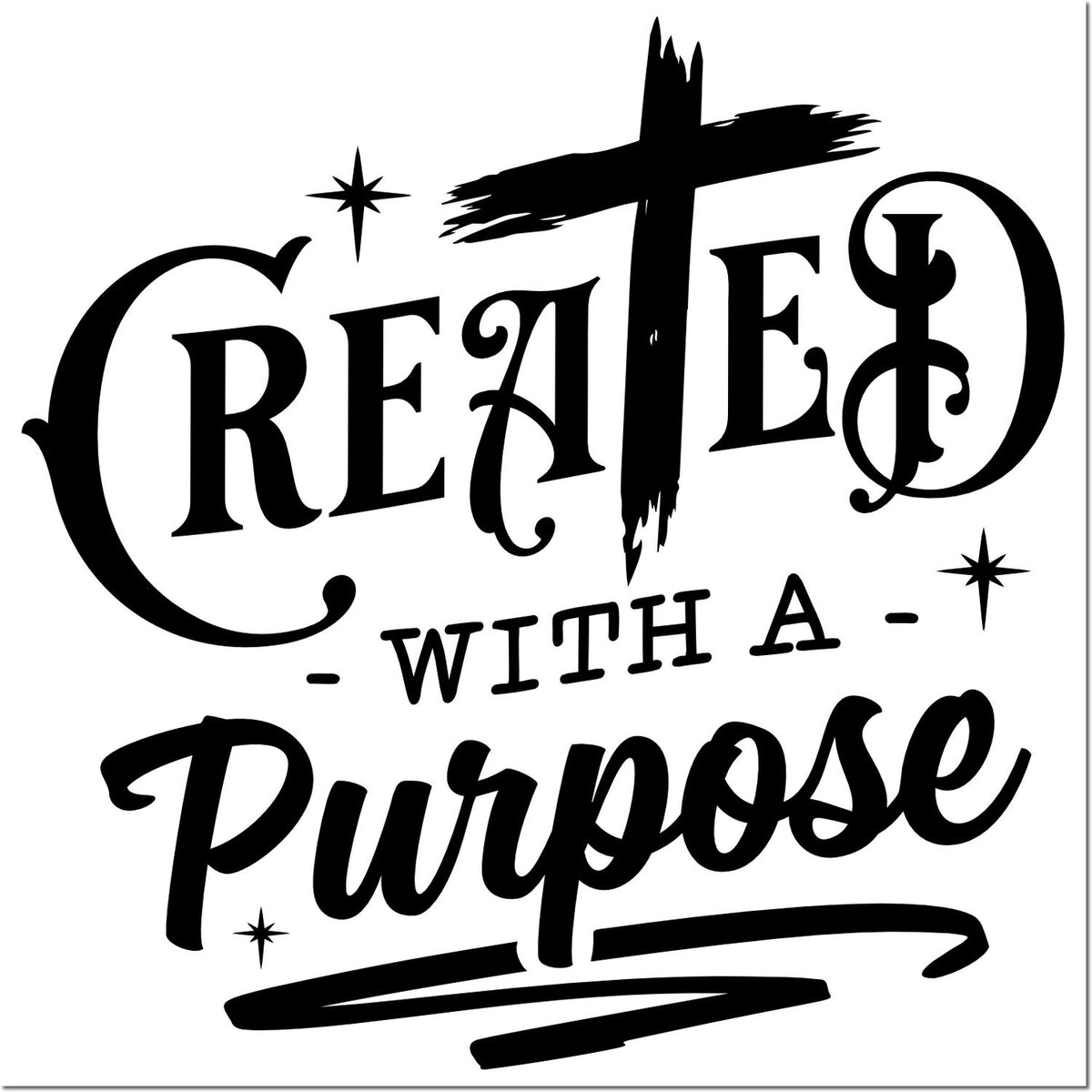 Created with a Purpose rubber stamp design with bold typography and stars for inspirational crafting projects.