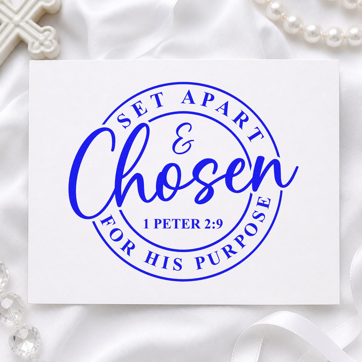 Chosen for His Purpose craft stamp in blue ink on cardstock, an easy option for round label seals.