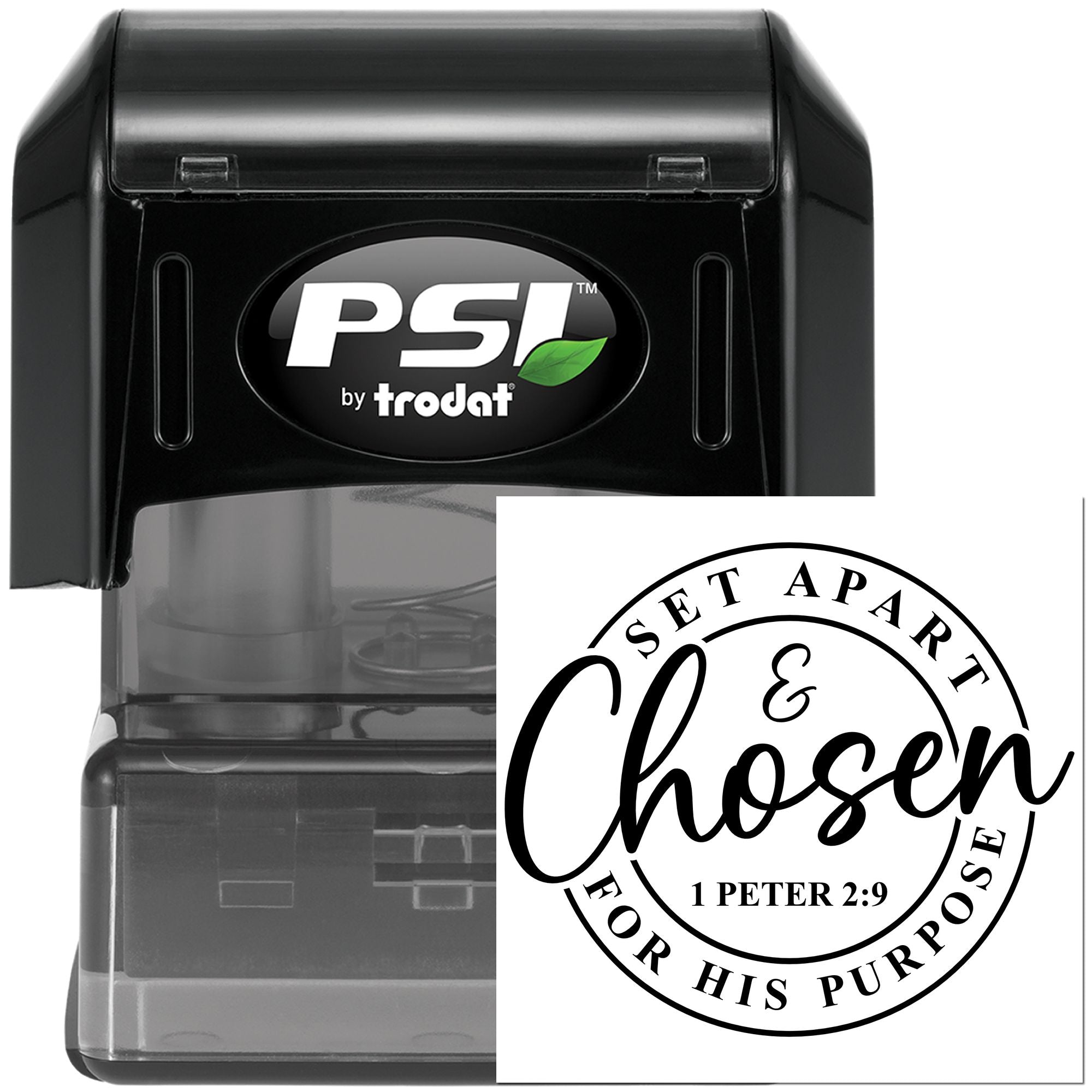 PSI by Trodat self-inking rubber stamp with custom Christian Set Apart & Chosen 1 Peter 2:9 design