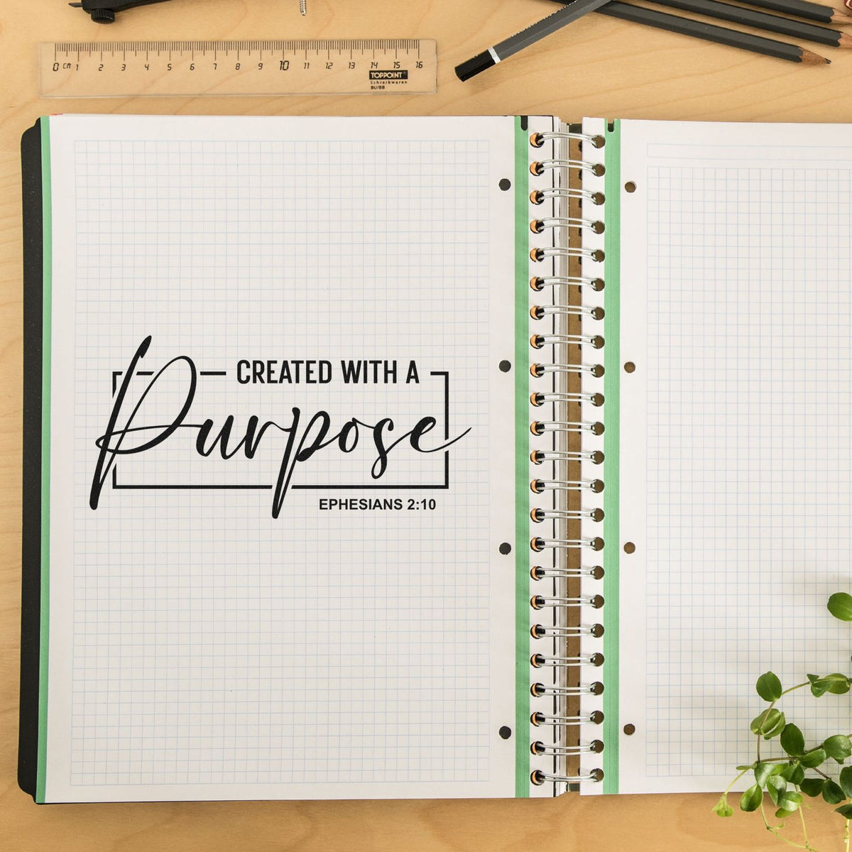 Christian rubber stamp design with Created with a Purpose and Ephesians 2:10 for Bible journaling, planners, and crafts.