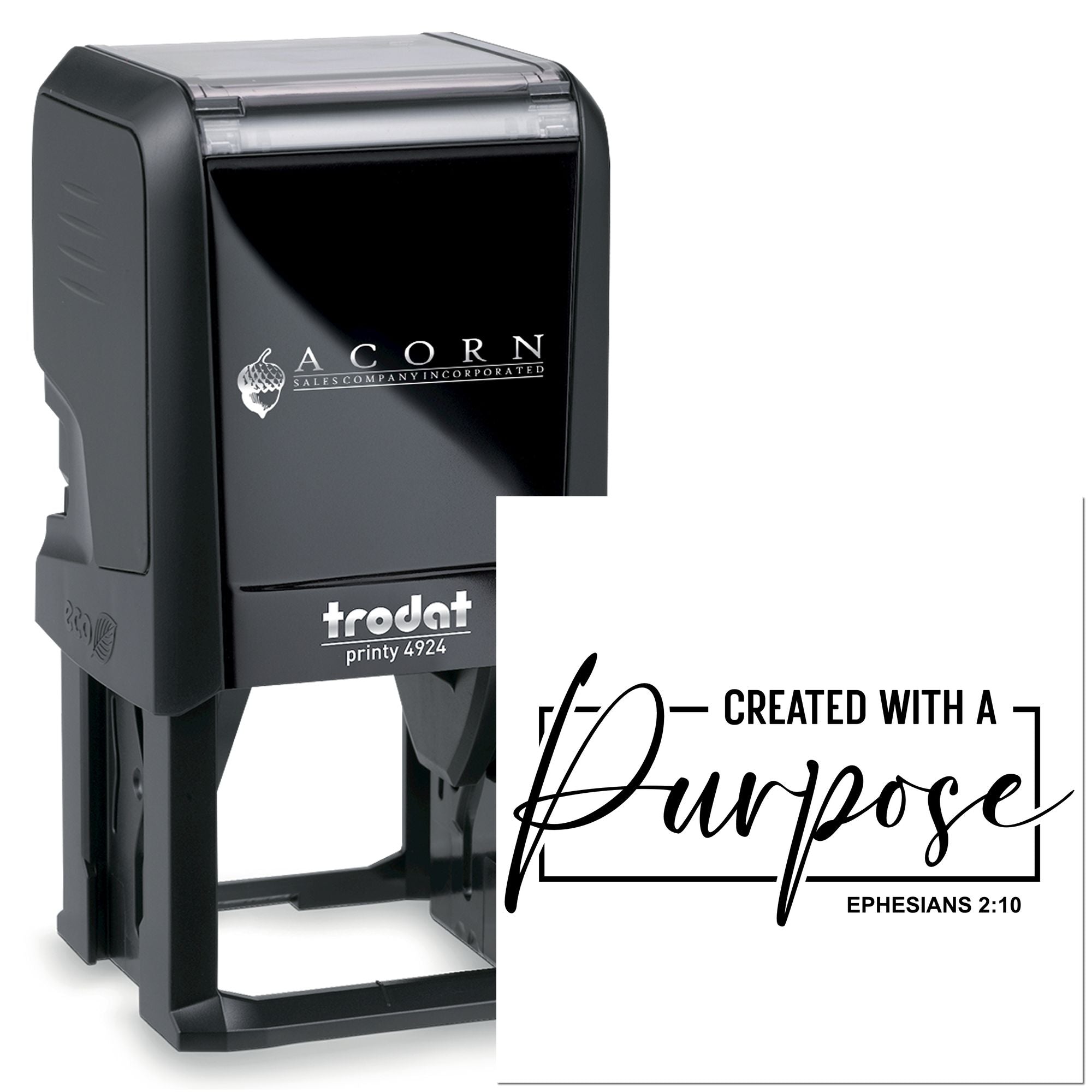 Custom self-inking rubber stamp, Trodat Printy 4924, showing a personalized logo and Created with a Purpose imprint.