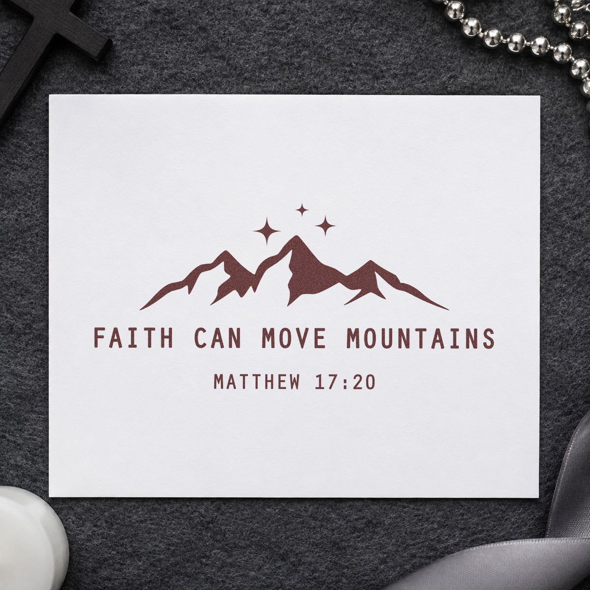 Faith Can Move Mountains rubber stamp printed in brown ink, ready for scrapbook summit pages and similar paper crafts.