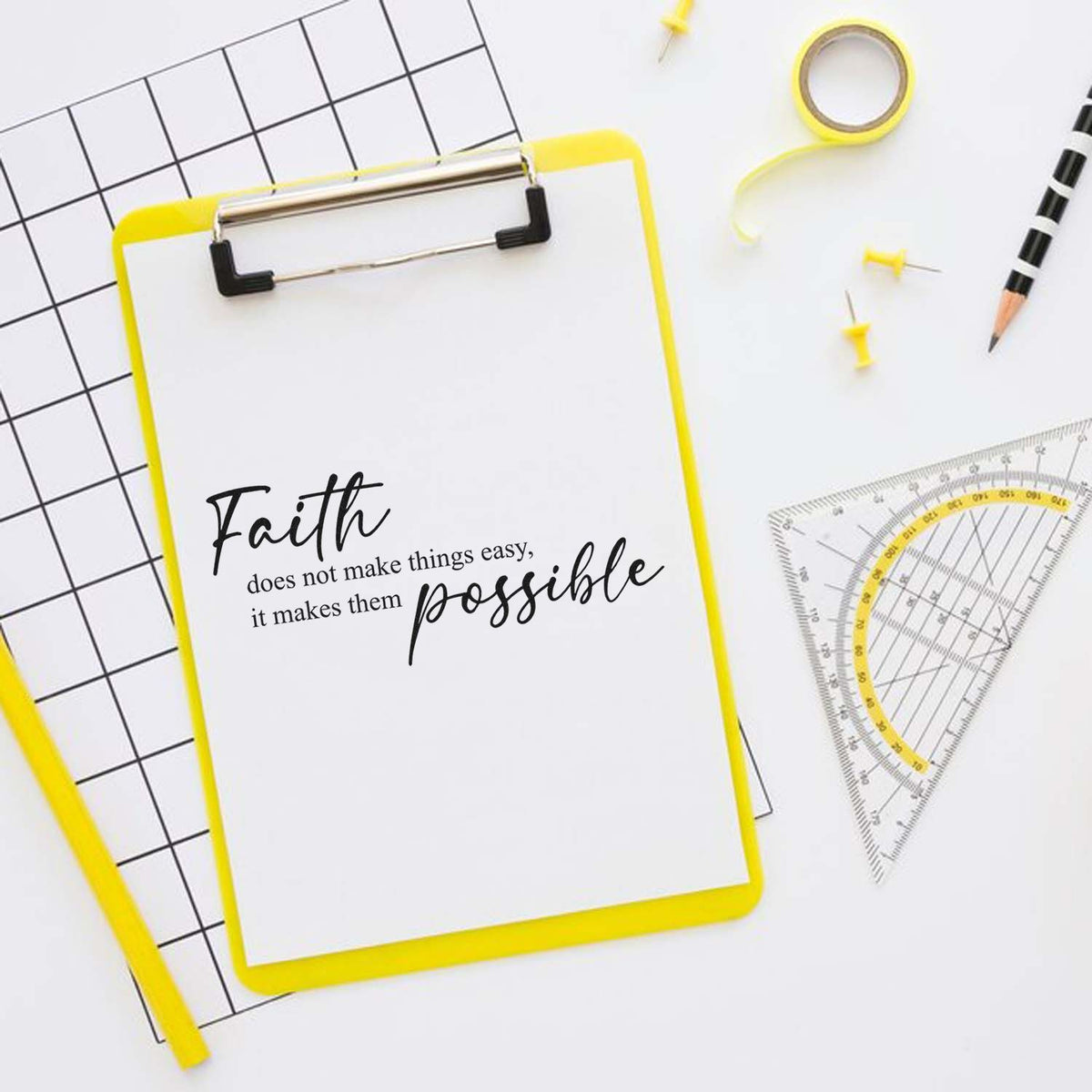 Faith rubber stamp design with inspirational quote, Faith does not make things easy, it makes them possible.