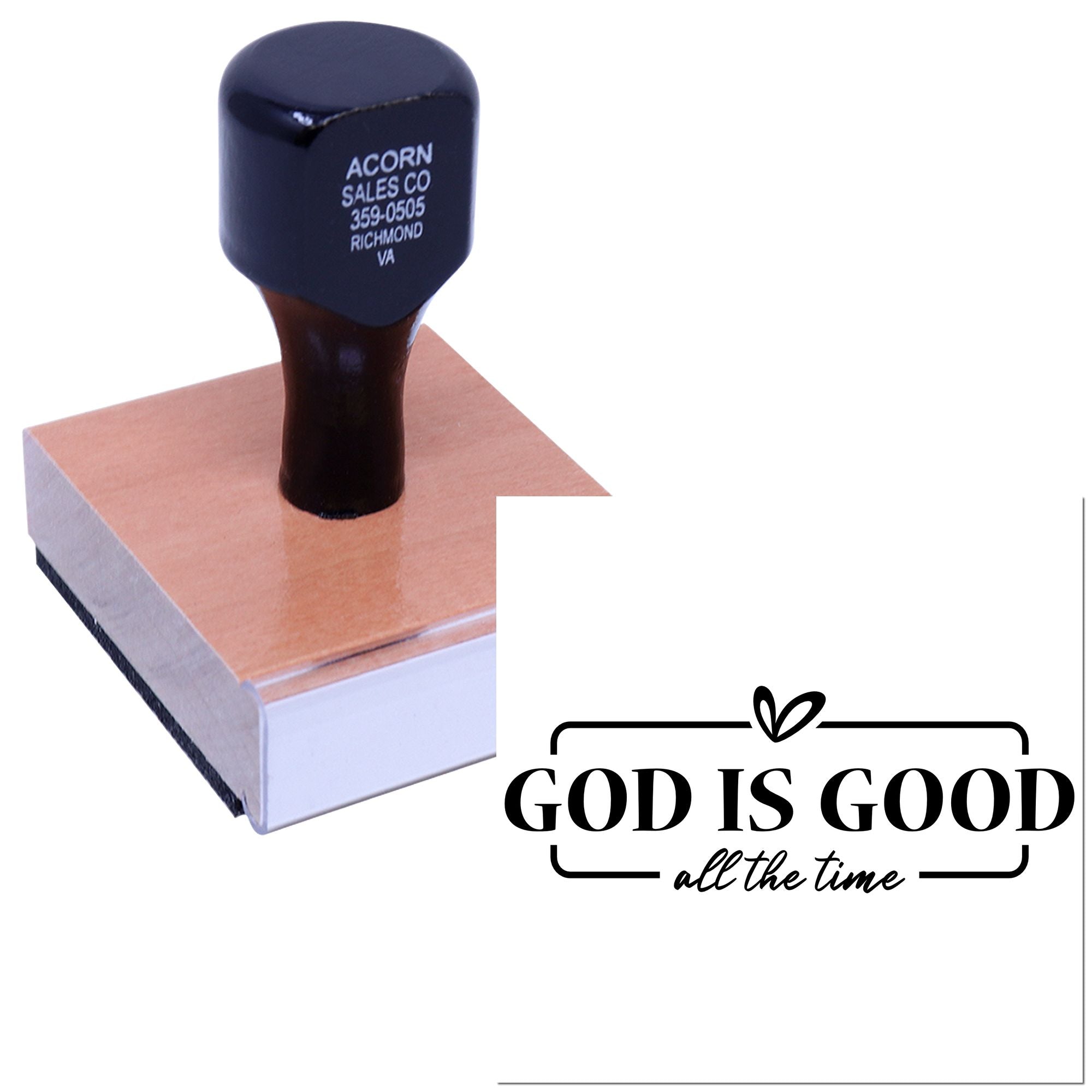 Wooden rubber stamp with God Is Good all the Time design for faith-based crafts, cards, and Christian projects.
