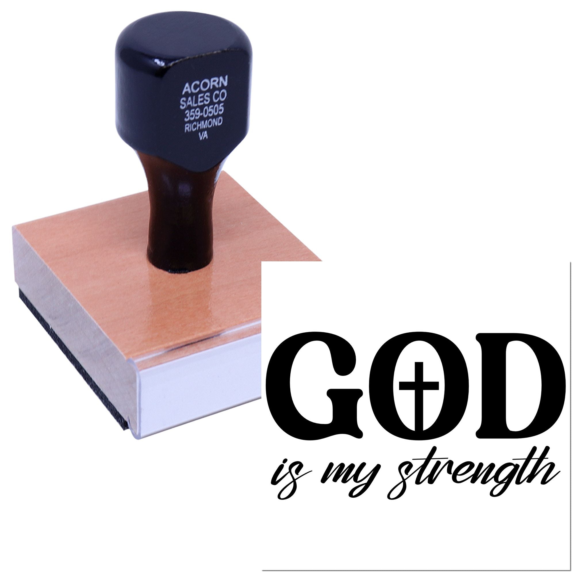Inspirational Christian rubber stamp reading God is my strength on a mounted stamp block.