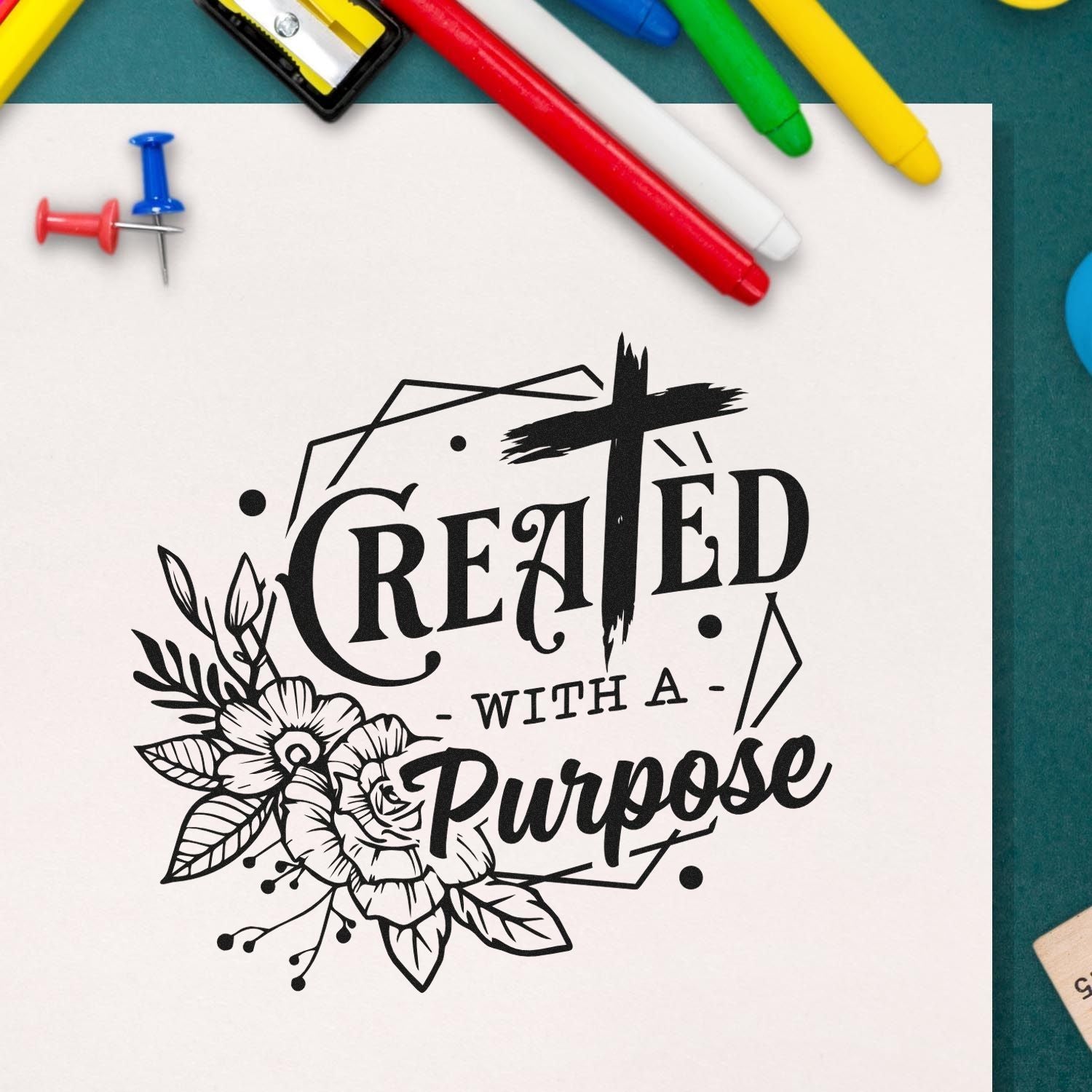 Custom rubber stamp design with floral Created with a Purpose text on paper, shown with colorful craft markers.