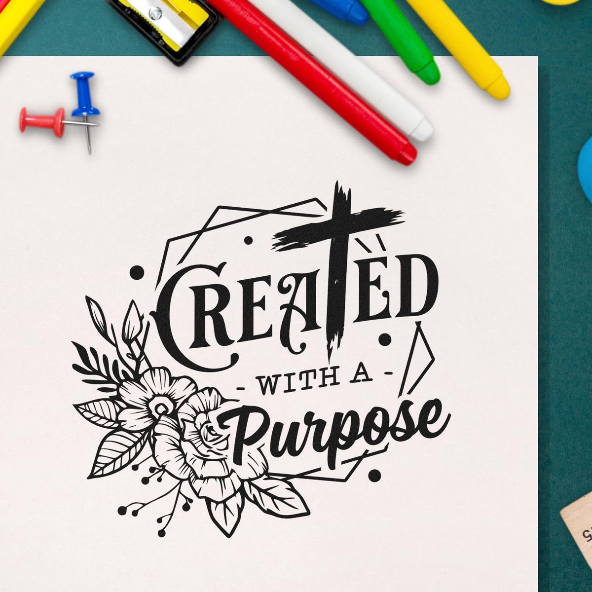 Custom rubber stamp impression reading "Created with a Purpose" with floral design, shown on paper with colorful pens.