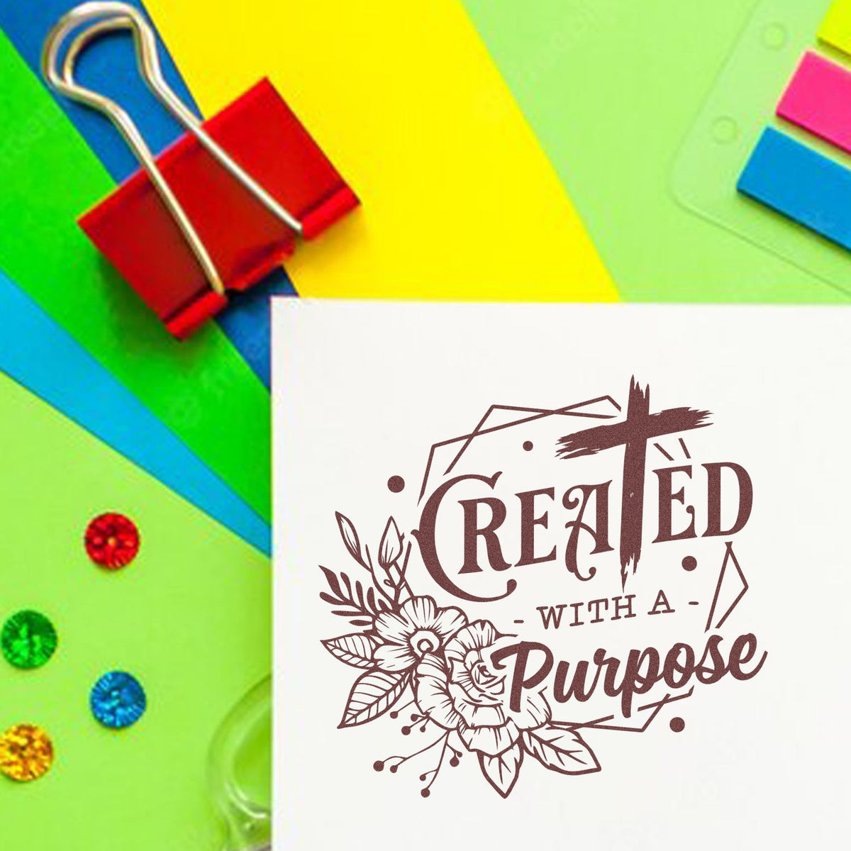 Custom rubber stamp design reading Created with a Purpose for handmade cards, crafts, and stationery branding.