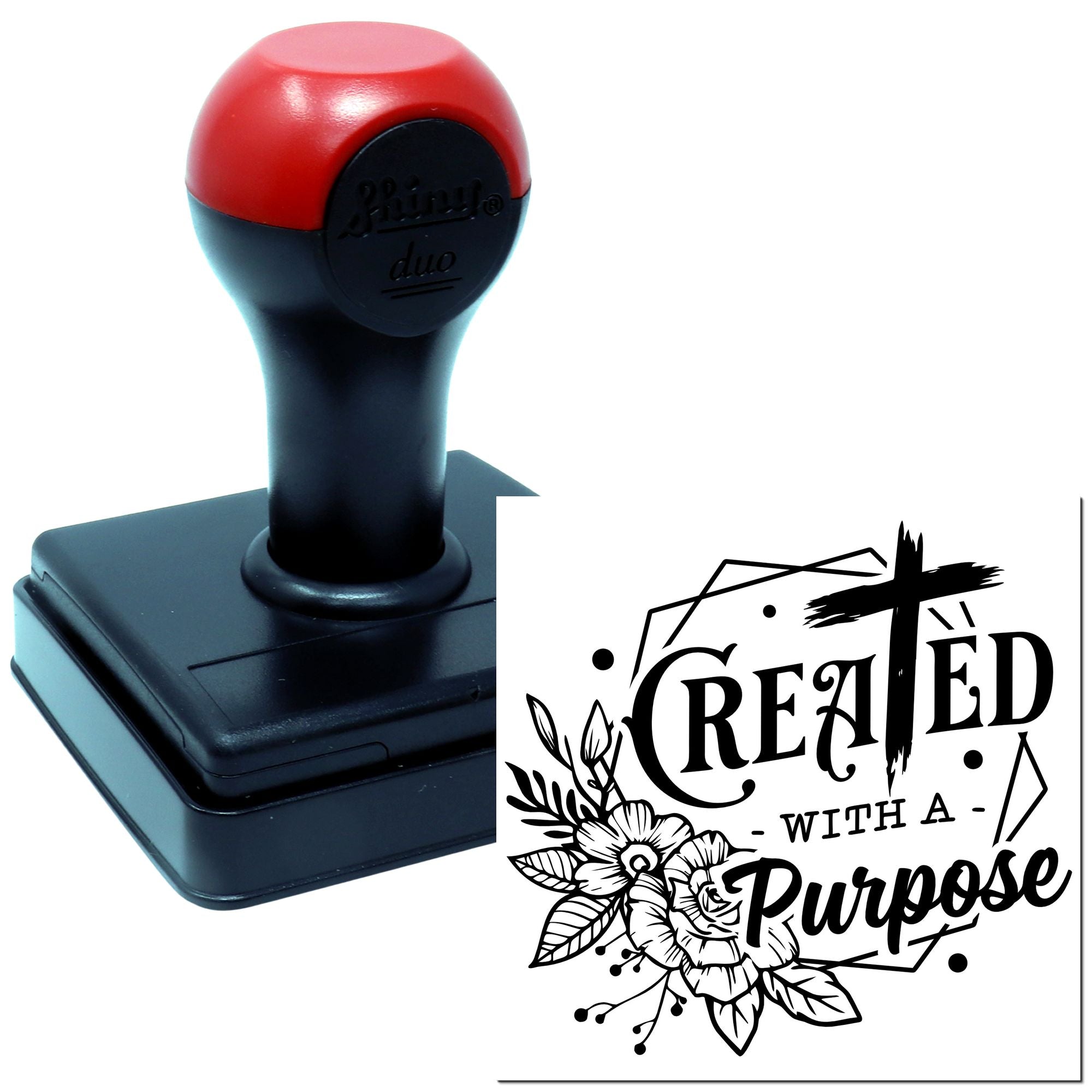 Self-inking rubber stamp with custom Created with a Purpose floral design for handmade branding.