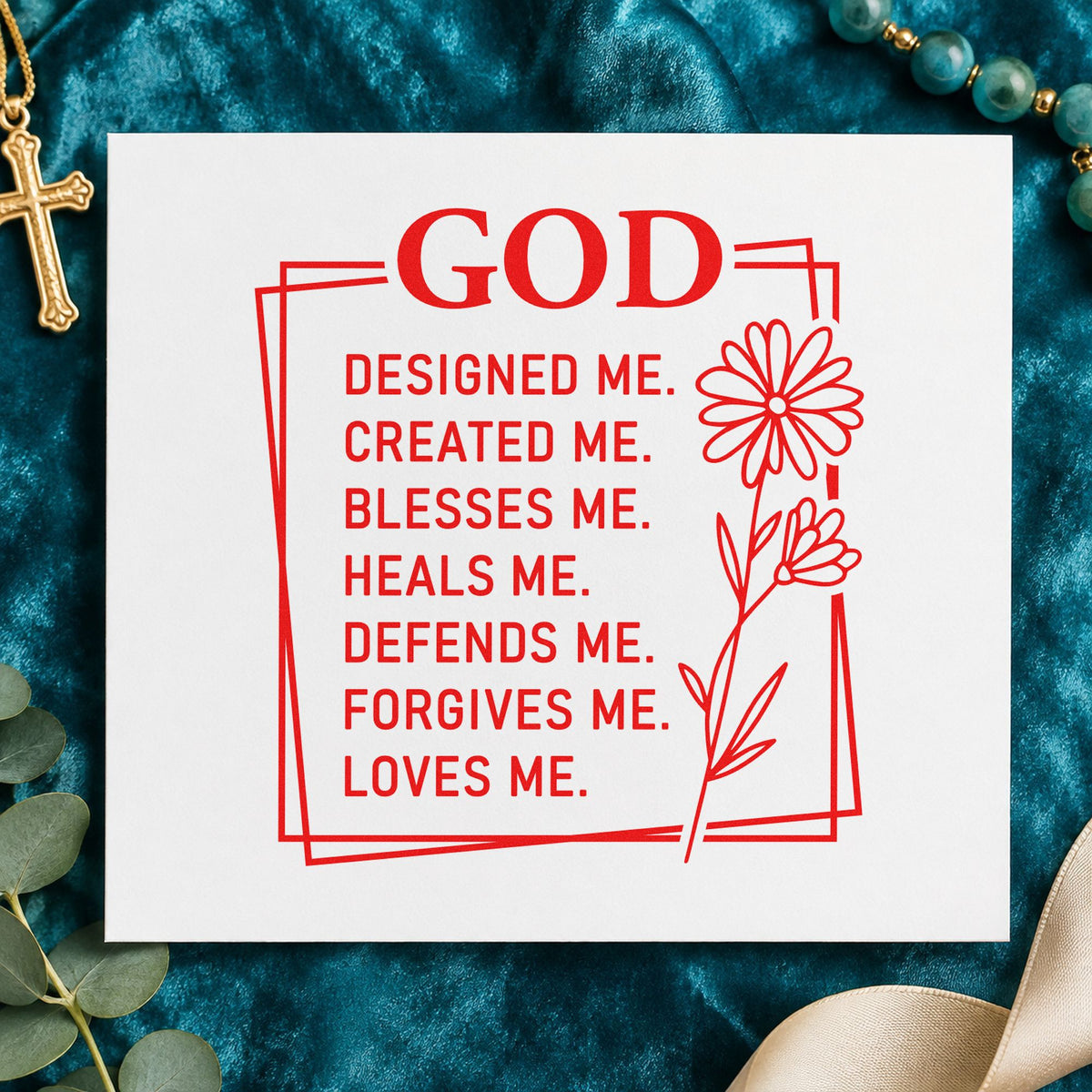 God Designed Me rubber stamp shown in red ink, stamped for projects such as adoption welcomes.