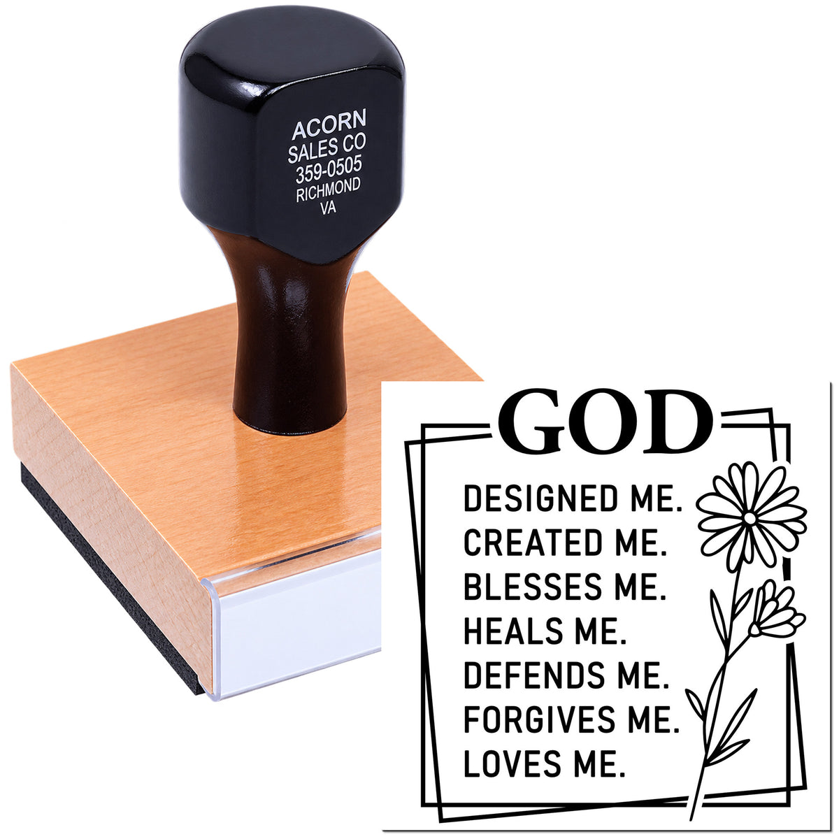 Custom rubber stamp featuring God designed me Christian quote and floral design for faith-based crafts and stationery.