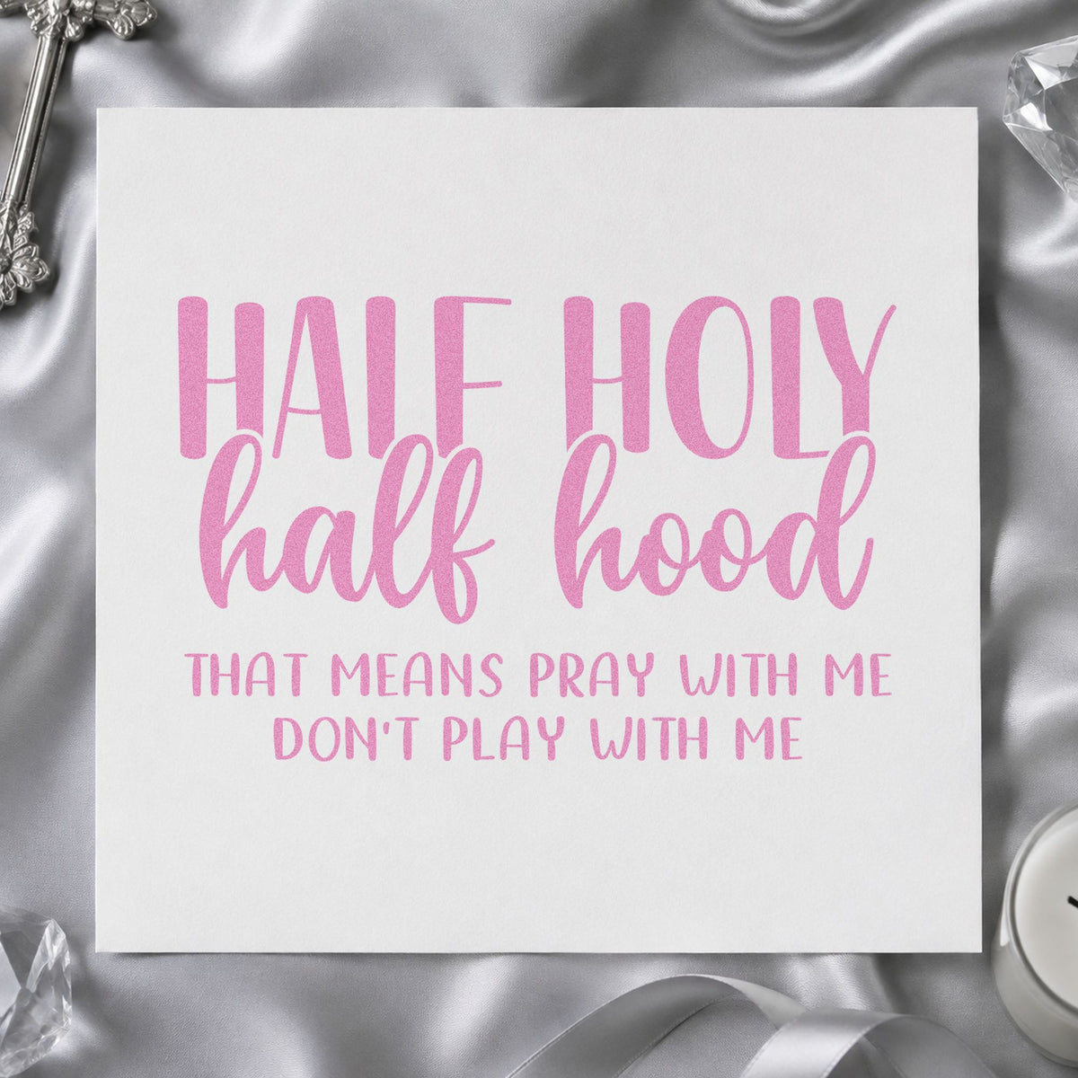 Half Holy Half Hood craft stamp in purple ink on cardstock, an easy option for canvas totes.