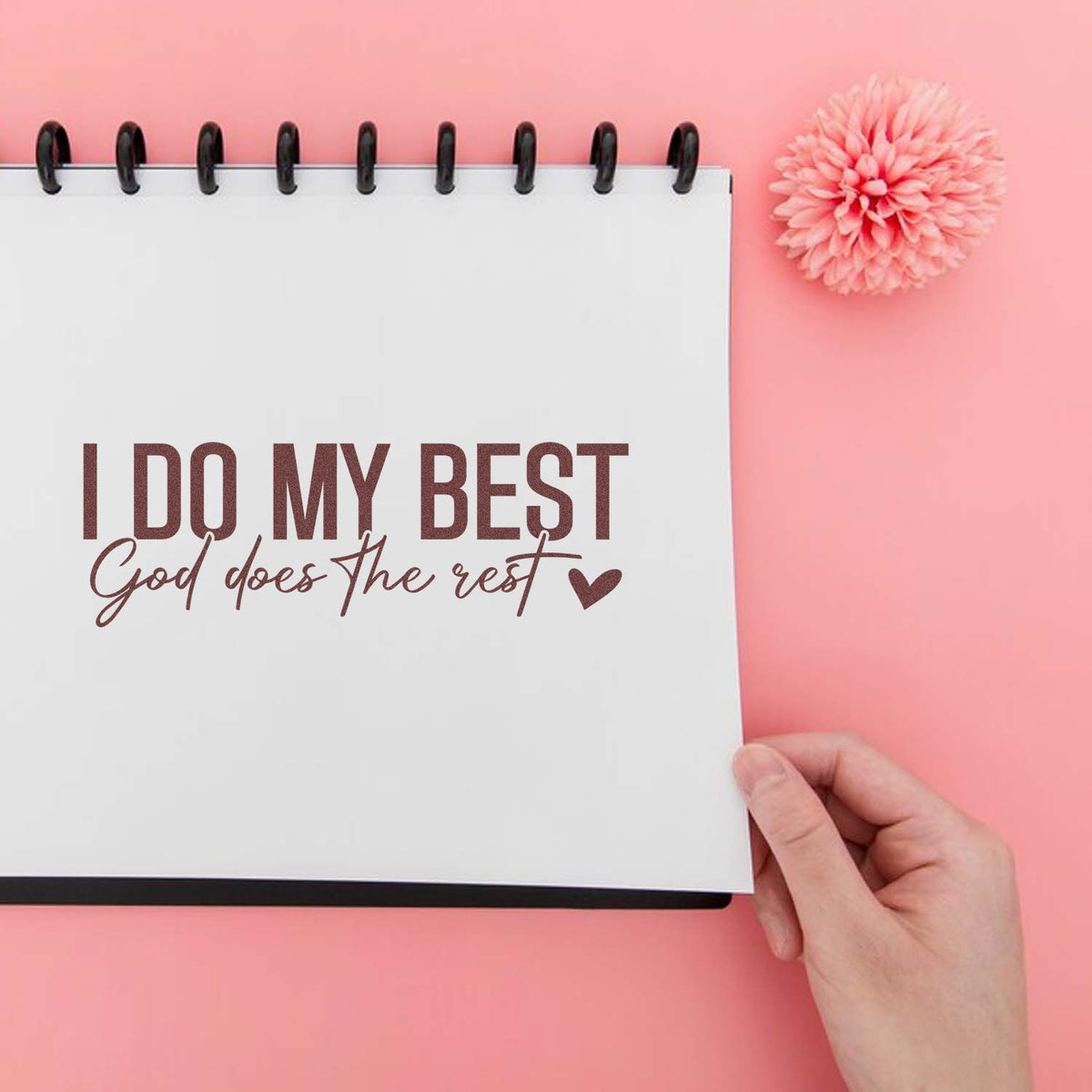 Inspirational rubber stamp design reading I Do My Best, God Does the Rest on a notebook, perfect for faith-based journaling.