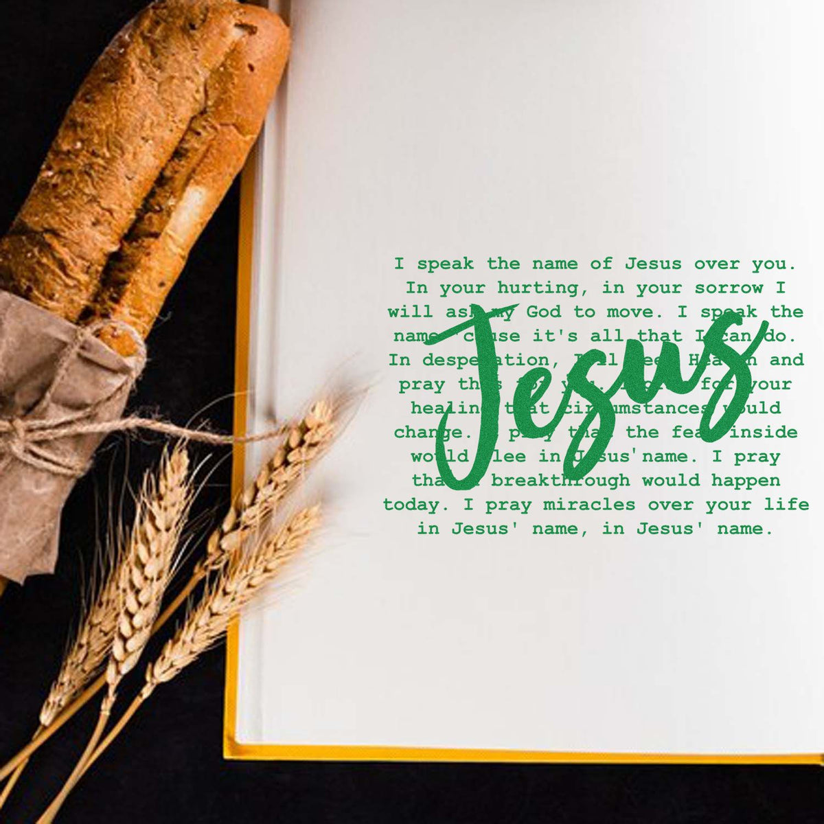 Jesus rubber stamp design on prayer journal page with bread and wheat, ideal for Christian Bible journaling.