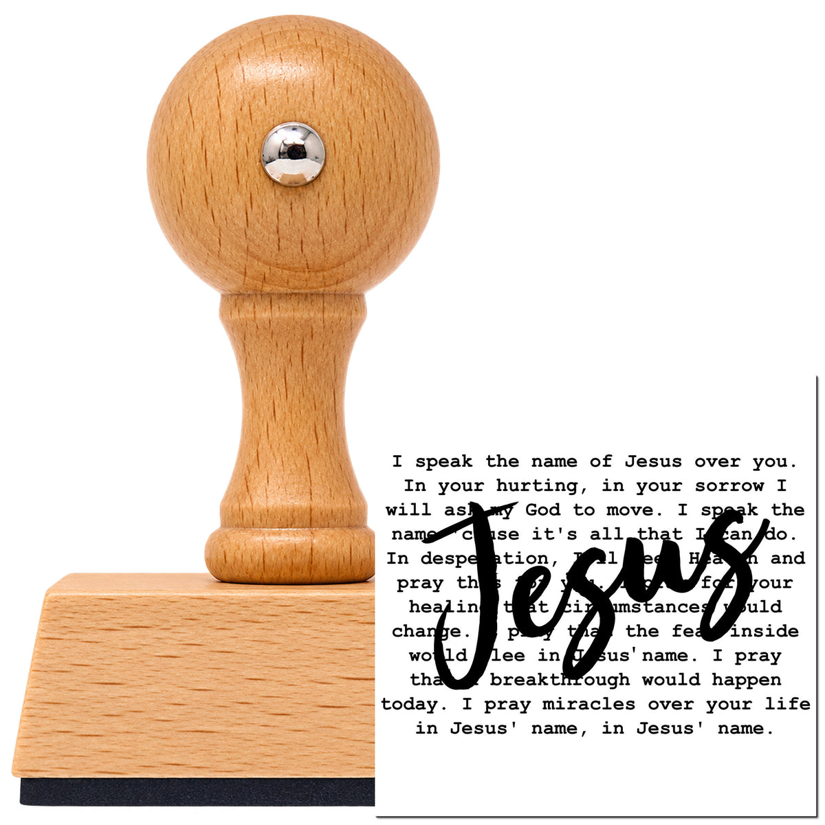 I Speak Jesus Vintage Pro rubber stamp in European beech wood with a round knob handle, shown beside its black imprint.