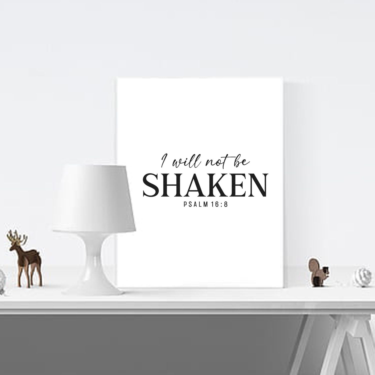 Christian rubber stamp design with Psalm 16:8 quote, I will not be shaken, for faith-based crafts, cards, and gifts.