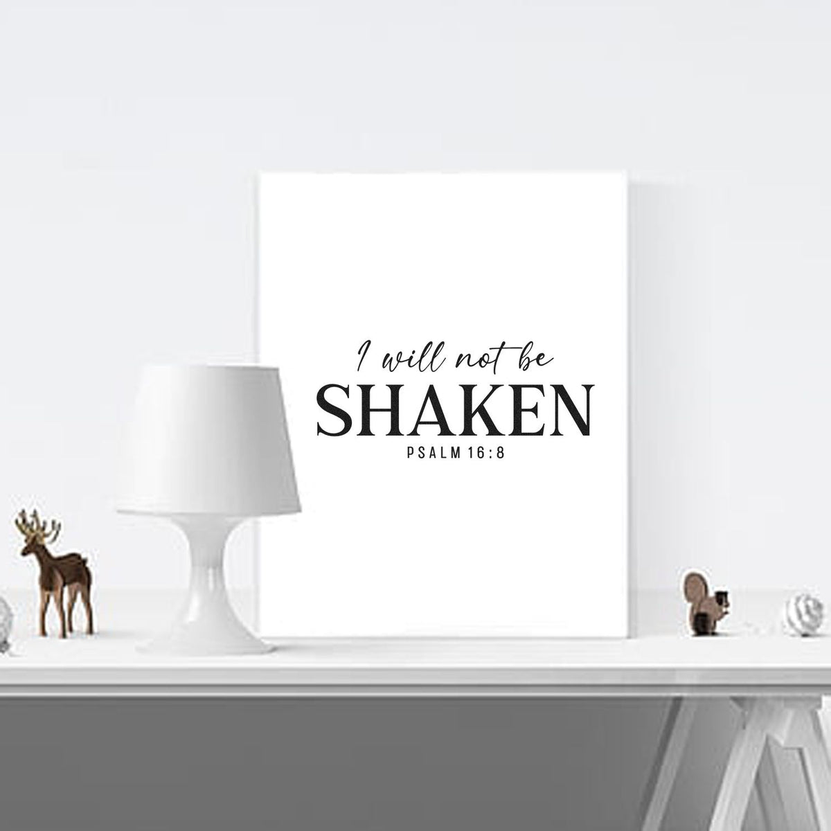 Christian rubber stamp design with Psalm 16:8 quote, I will not be shaken, for faith-based crafts and DIY projects