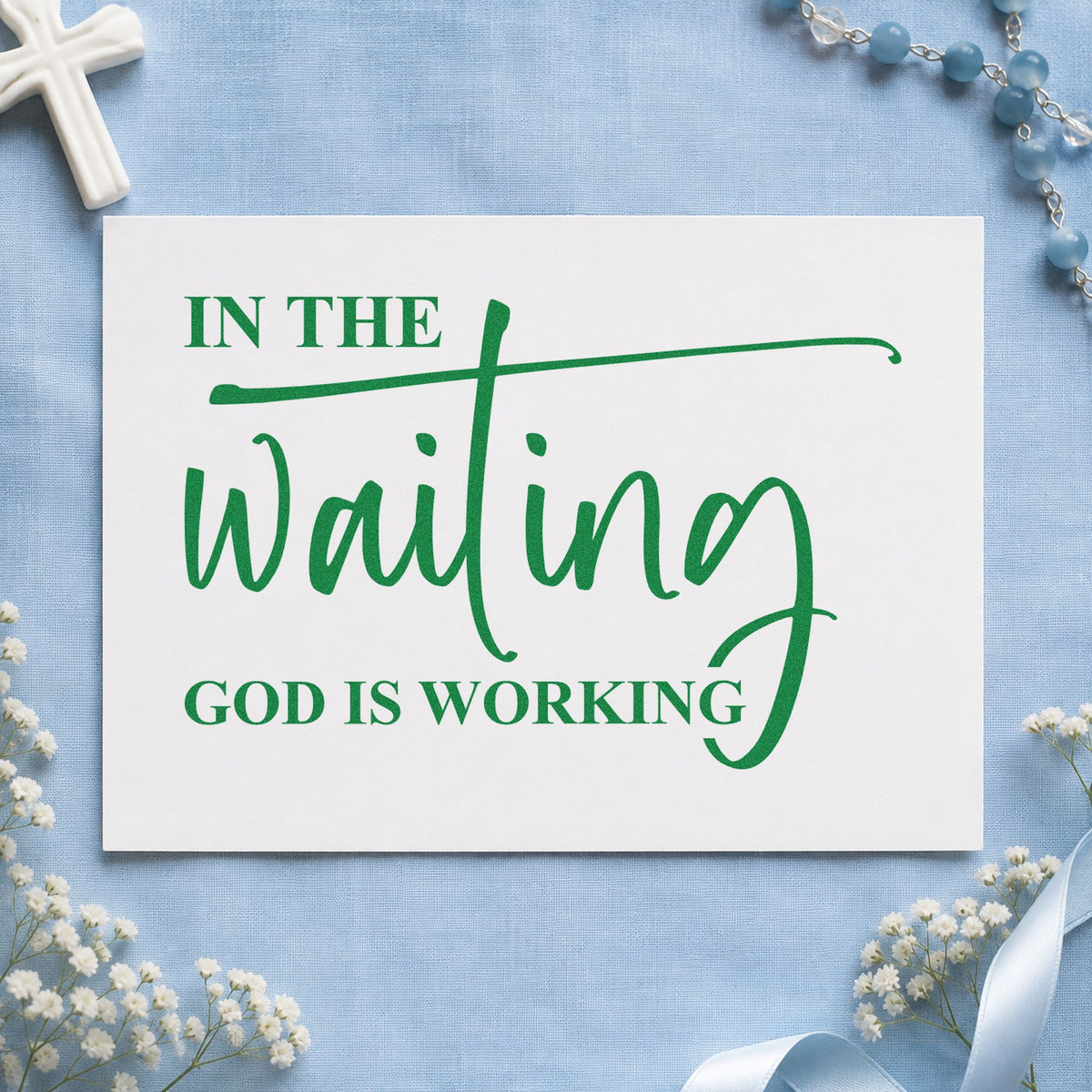 In The Waiting God Is Working Flourished Lettering Hand Stamp – Duo in use 3