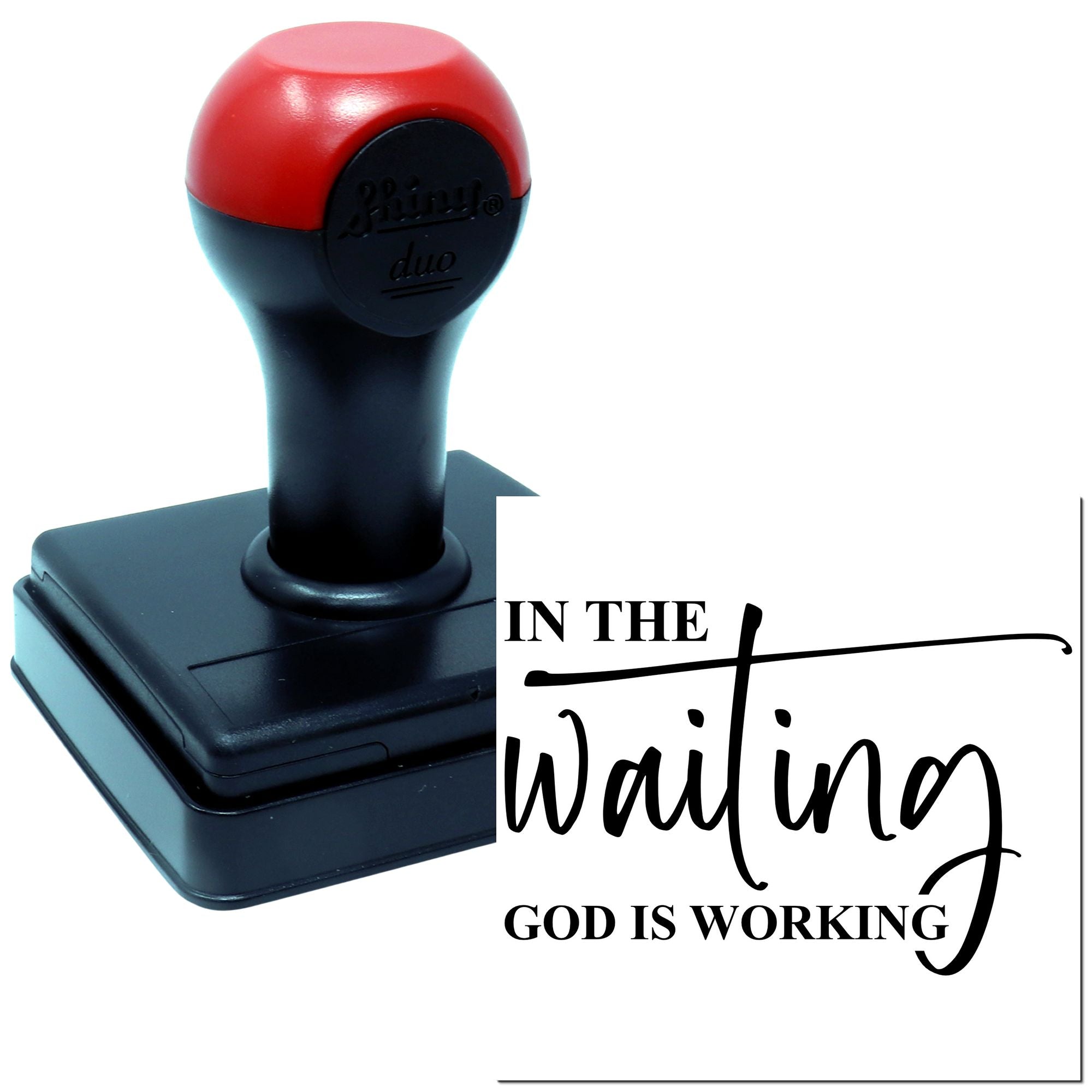 Custom rubber stamp with Christian message, In the waiting God is working, for faith-based crafts and packaging.