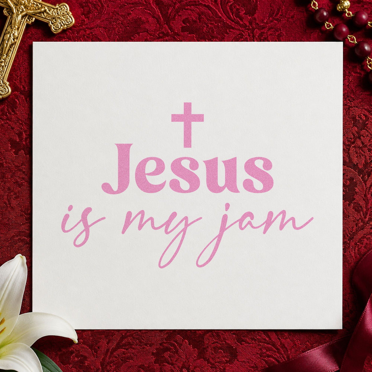 Jesus Is My Jam Script craft stamp in purple ink on cardstock, an easy option for praise band gifts.