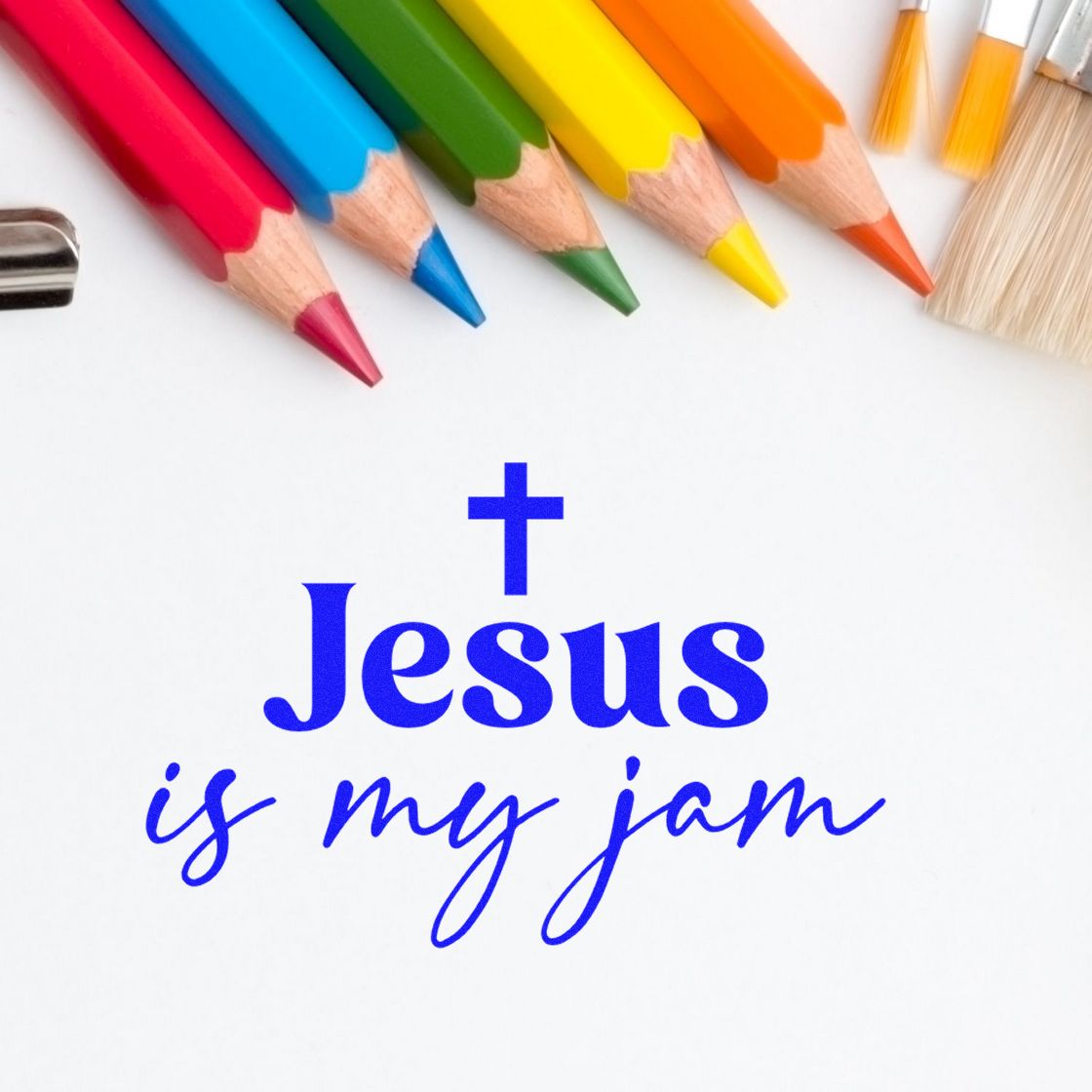 Christian rubber stamp design with cross and Jesus is my jam in blue, styled for Bible journaling and faith-based crafting.
