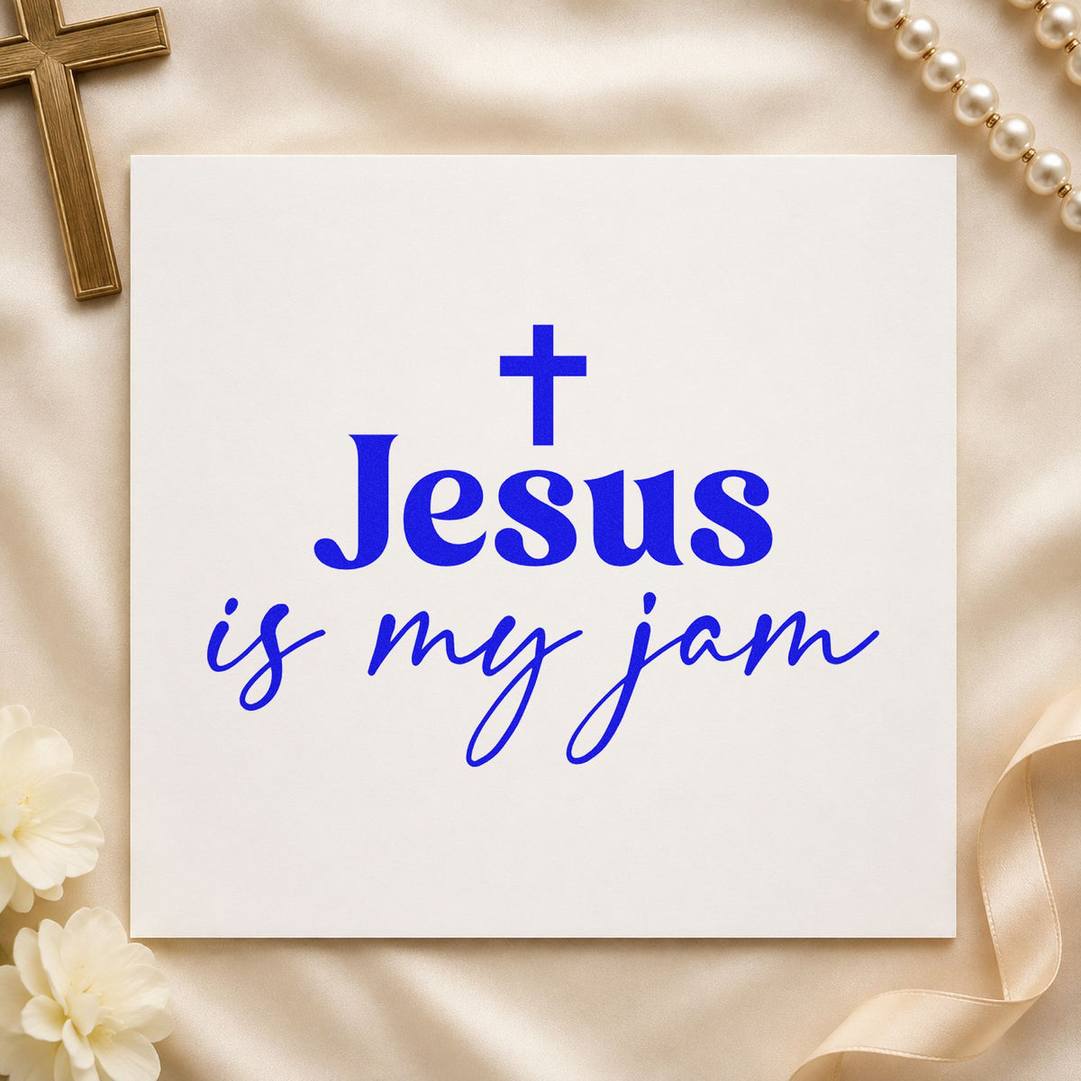 Jesus Is My Jam Script craft stamp imprinted in blue ink on paper, a design suited to playlist gift tags.