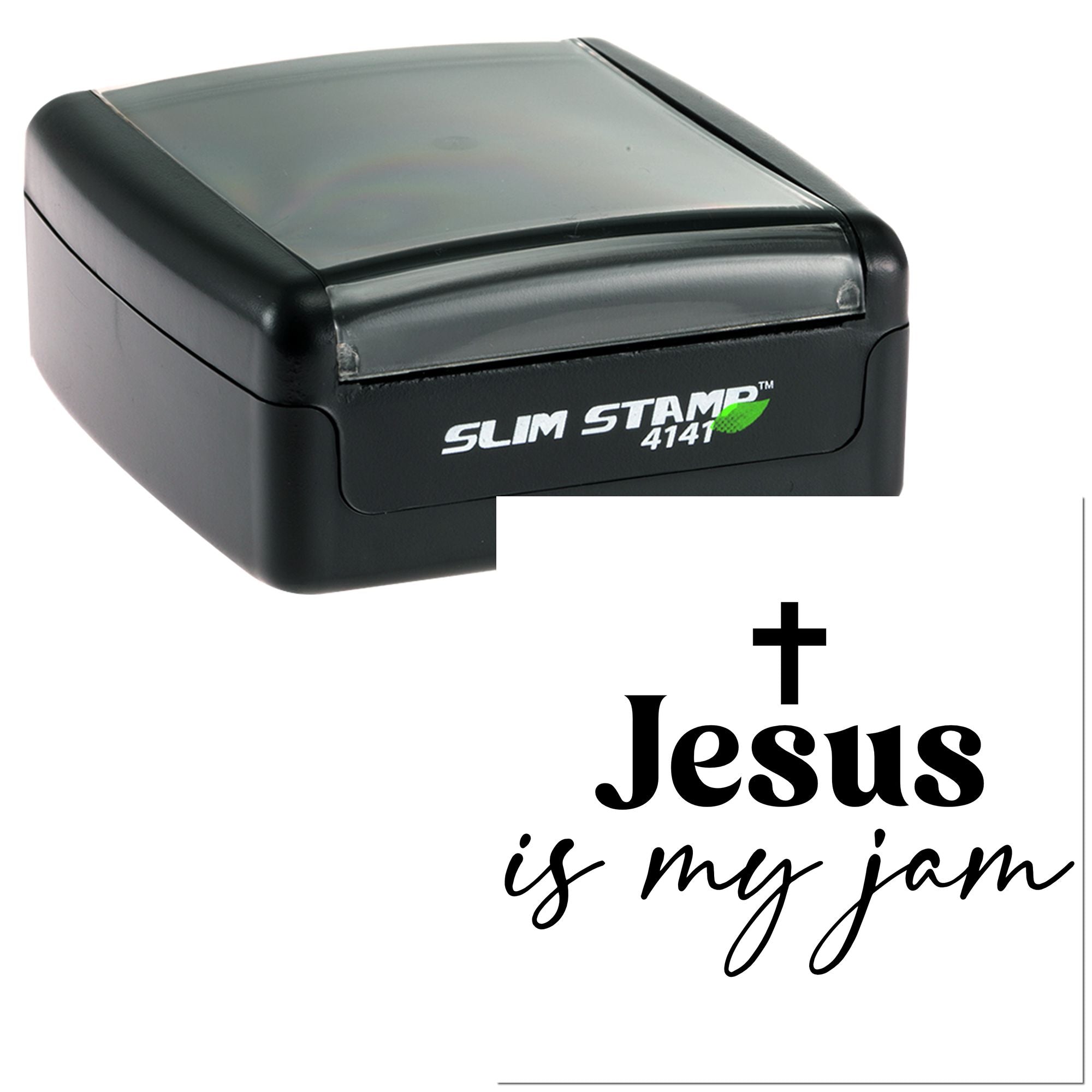 Black self-inking rubber stamp with Jesus is my jam design for Christian crafts.