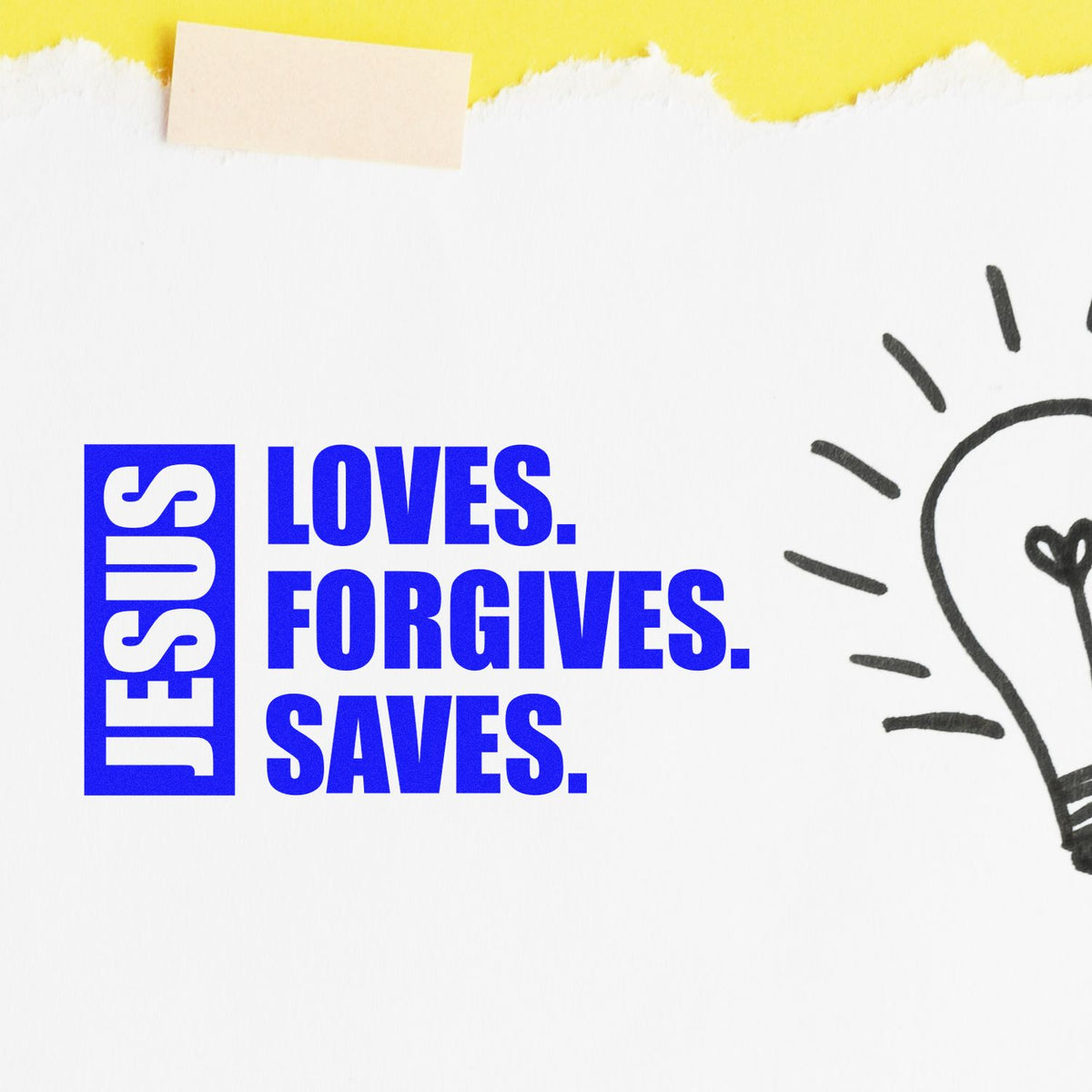Christian rubber stamp with Jesus Loves. Forgives. Saves. for faith-based crafts, journaling, and worship projects.